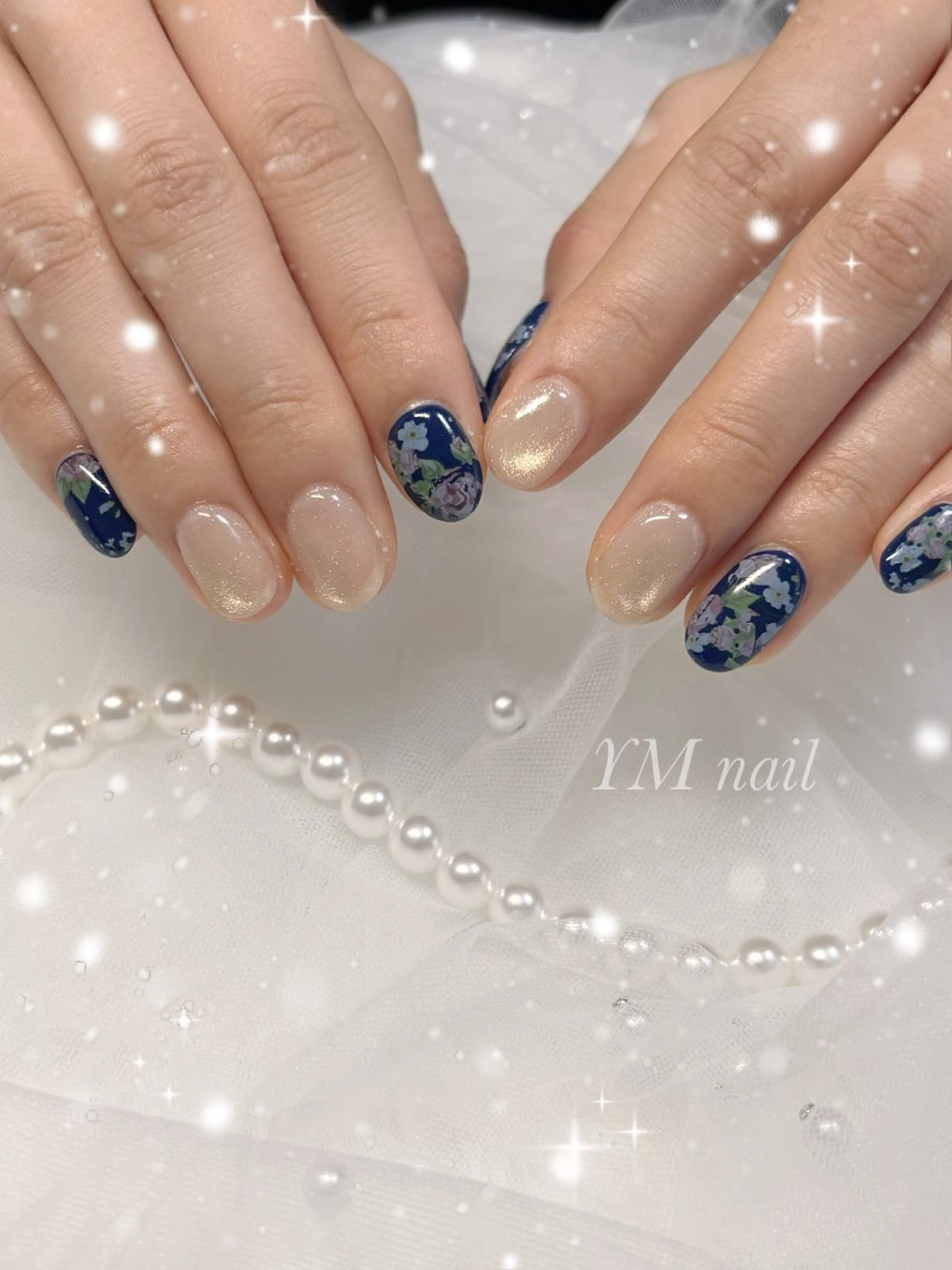 ネイル フラワーネイル マグネットネイル ネイビー ハンドネイル YM nailのネイルデザイン