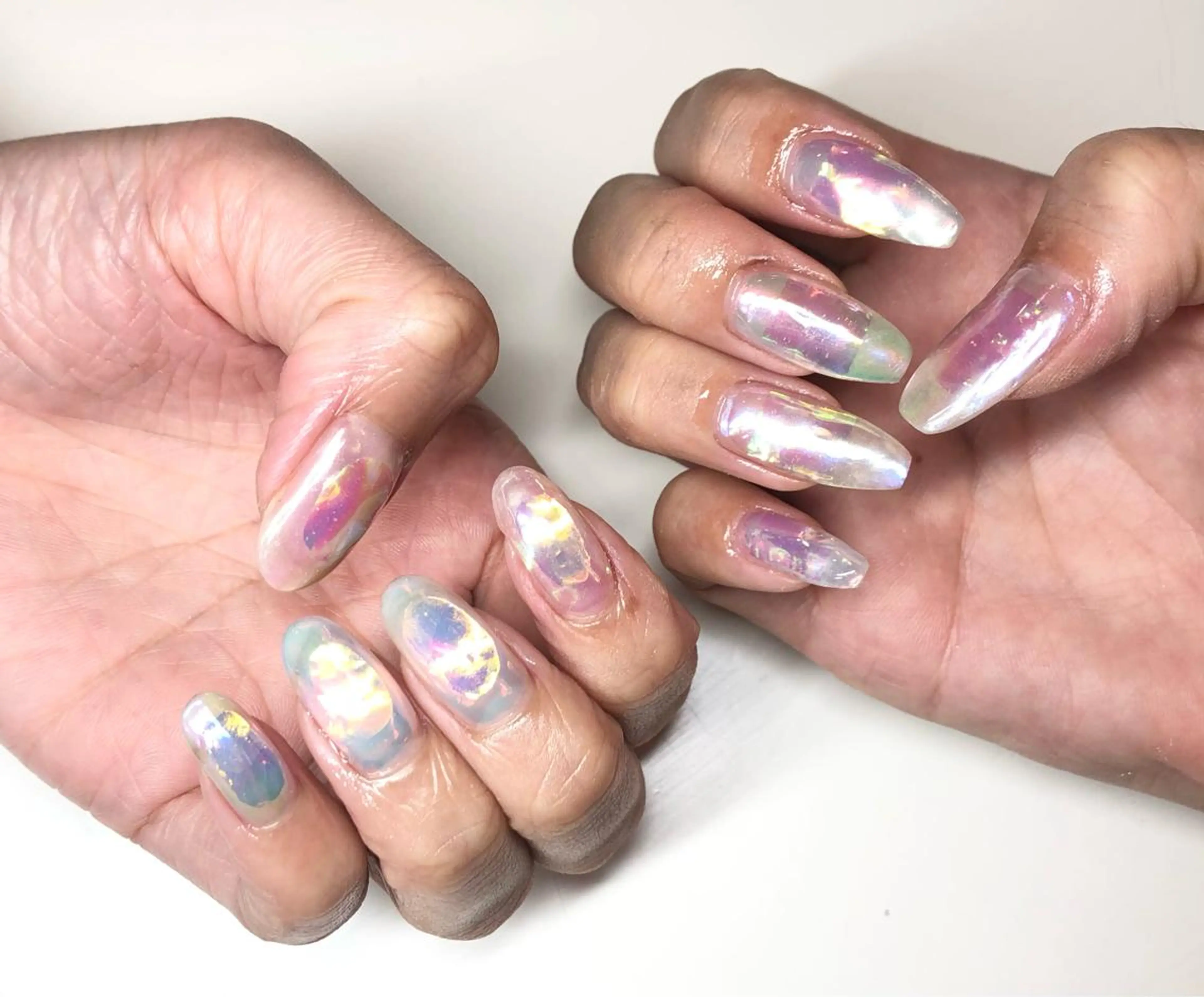 ネイル オーロラネイル グリーン 氷ネイル・うるうるネイル オレンジ パープル いちじゅう あおいのネイルデザイン