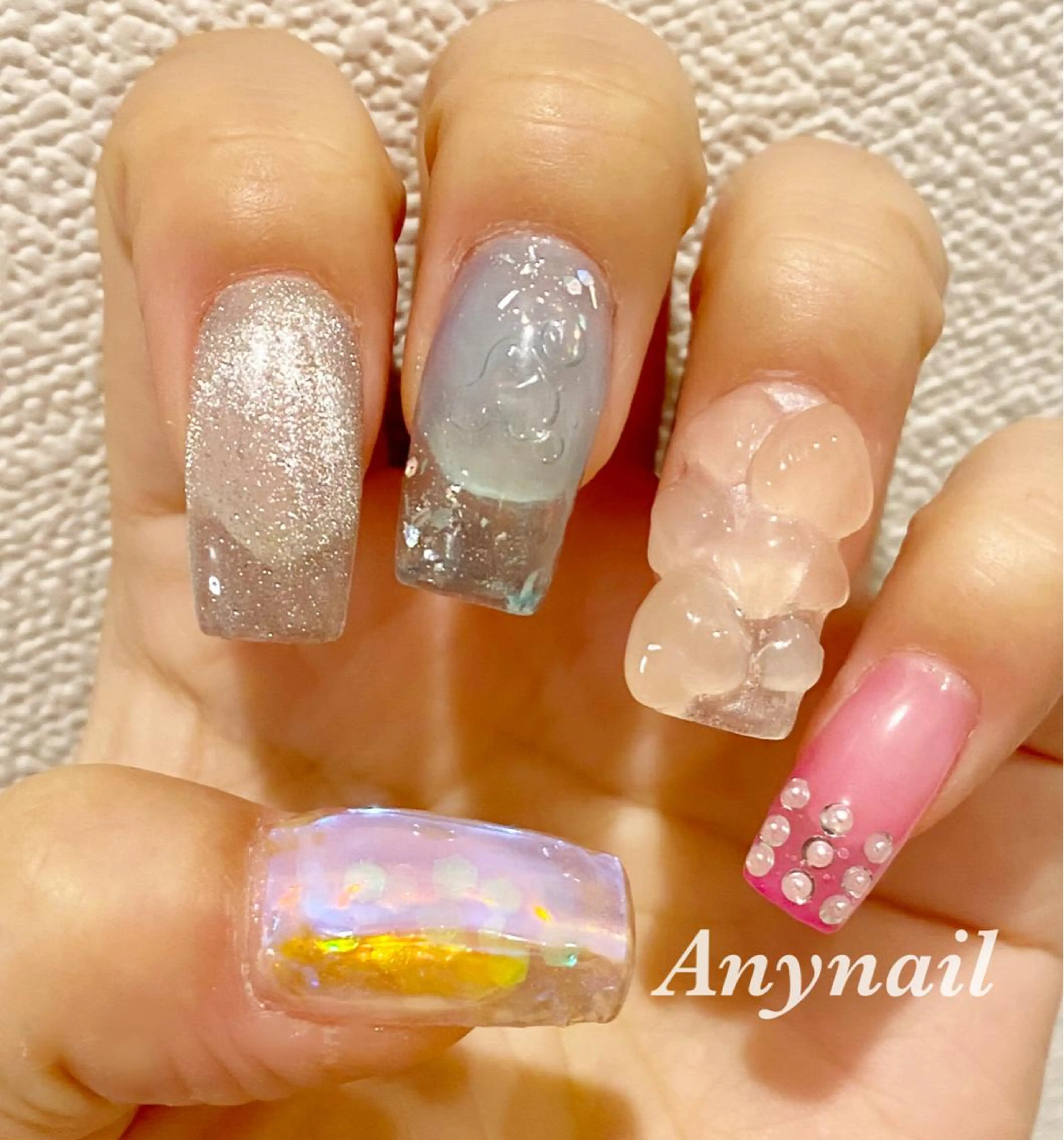 ネイル オーロラネイル ブルー クリアネイル マグネットネイル ぷっくりネイル ハンドネイル 岩澤 恵子のネイルデザイン