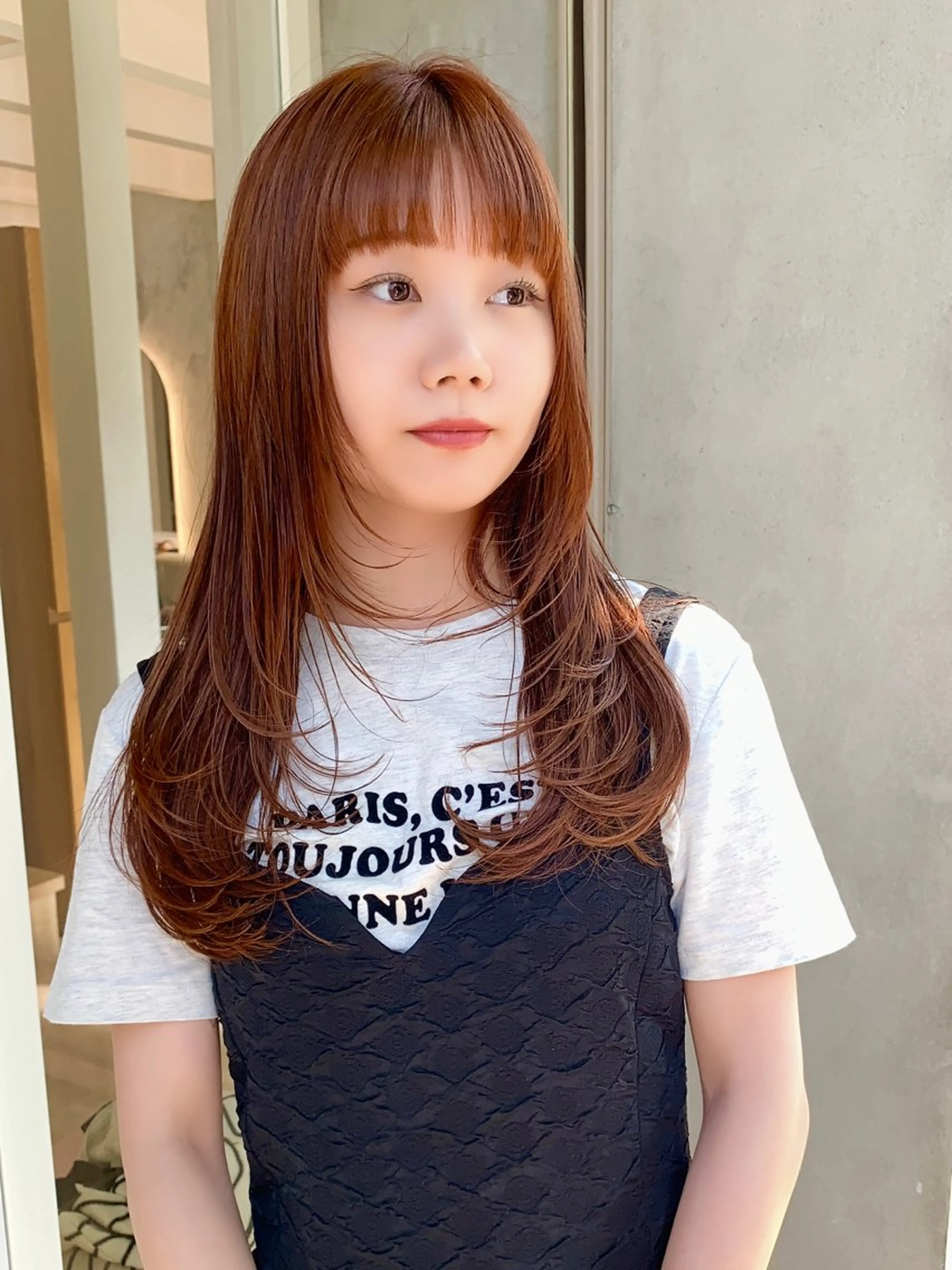 セミロング カラー ブラウンカラー オレンジ オレンジブラウン レイヤーカット カット ヘアカラー ✨コテ巻き風パーマ ✨川合佑哉のヘアスタイル