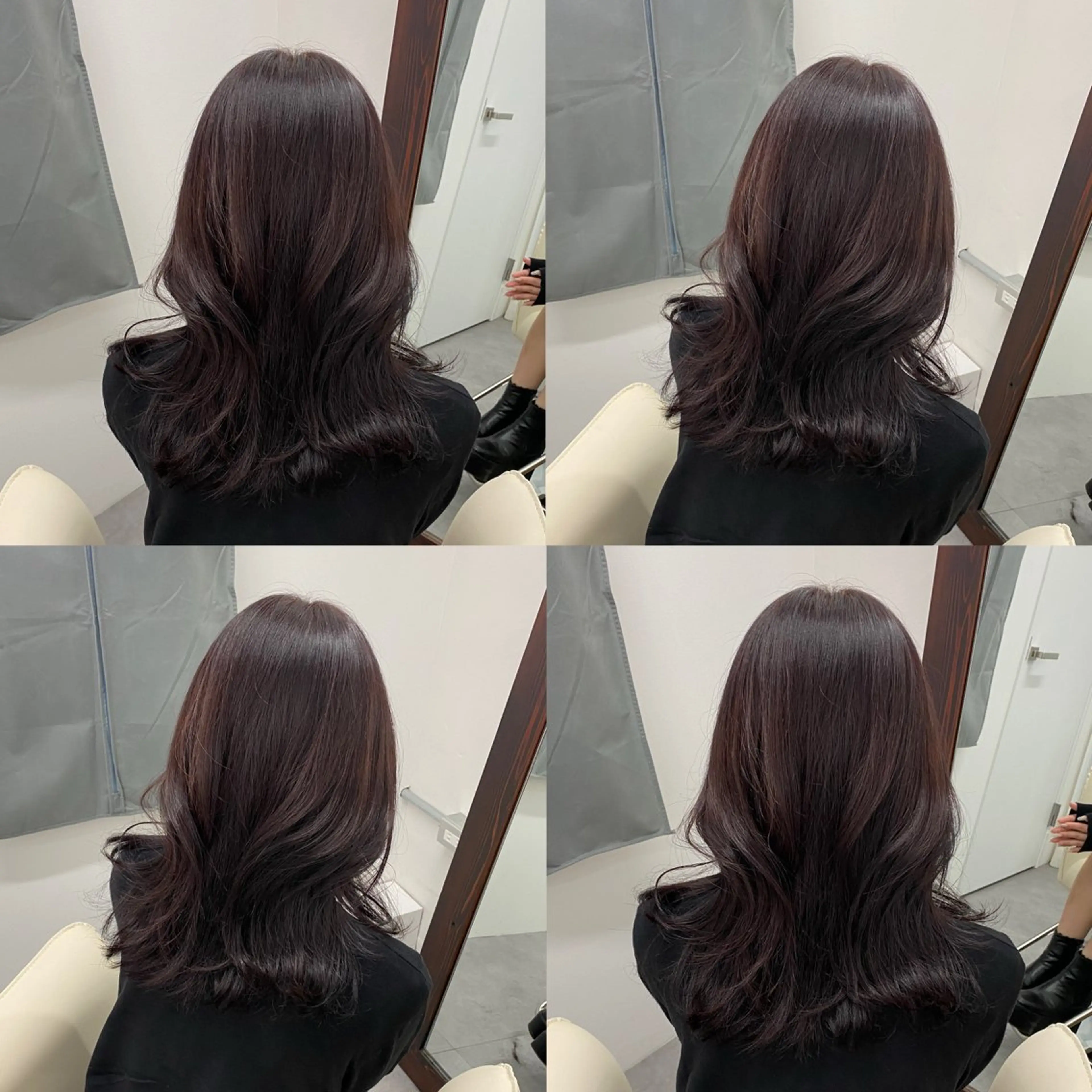 ミディアム カラー カシス レッドカラー くびれヘア 韓国風ヘア くびれレイヤー カット ヘアカラー 江坂トレンド韓国風 髪質改善shinoのヘアスタイル