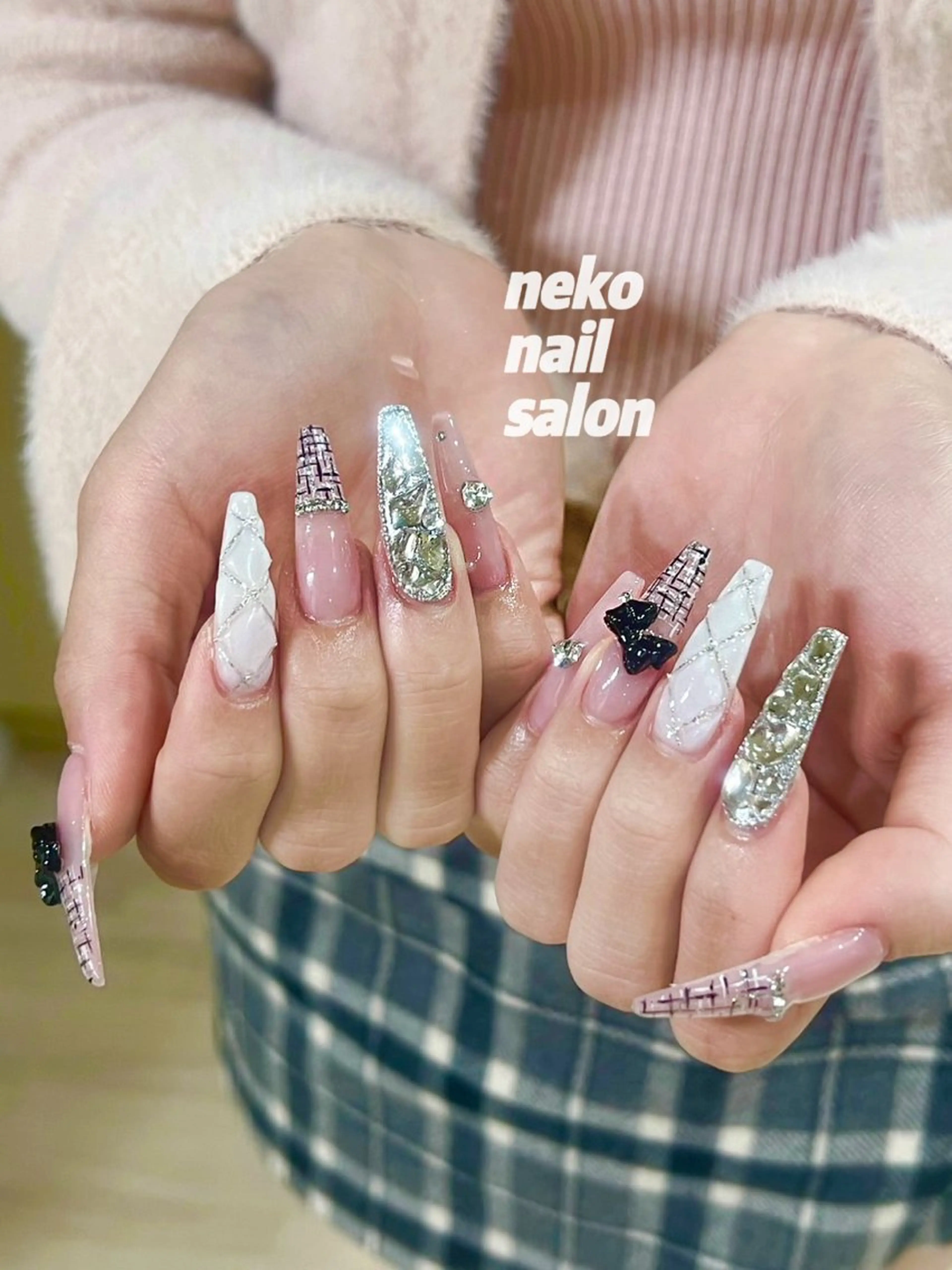 ネイル ロングネイル ツイードネイル ハンドネイル neko nailのネイルデザイン