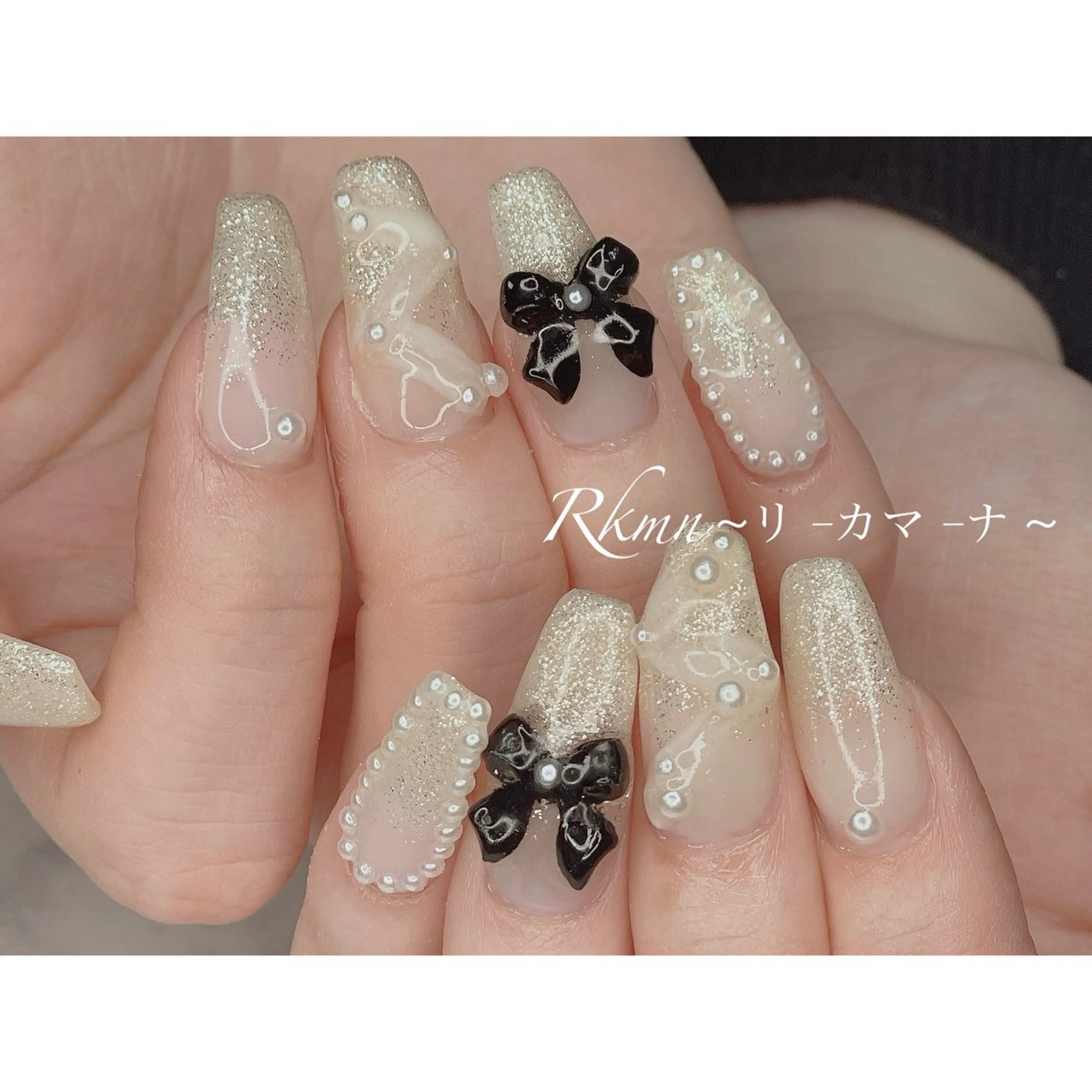 ネイル アートネイル グラデーション ラメ(グリッター) ラメグラデーション リボン ハンドネイル フットネイル ハンドケア Rkmn ~リ-カマ-ナ~のネイルデザイン