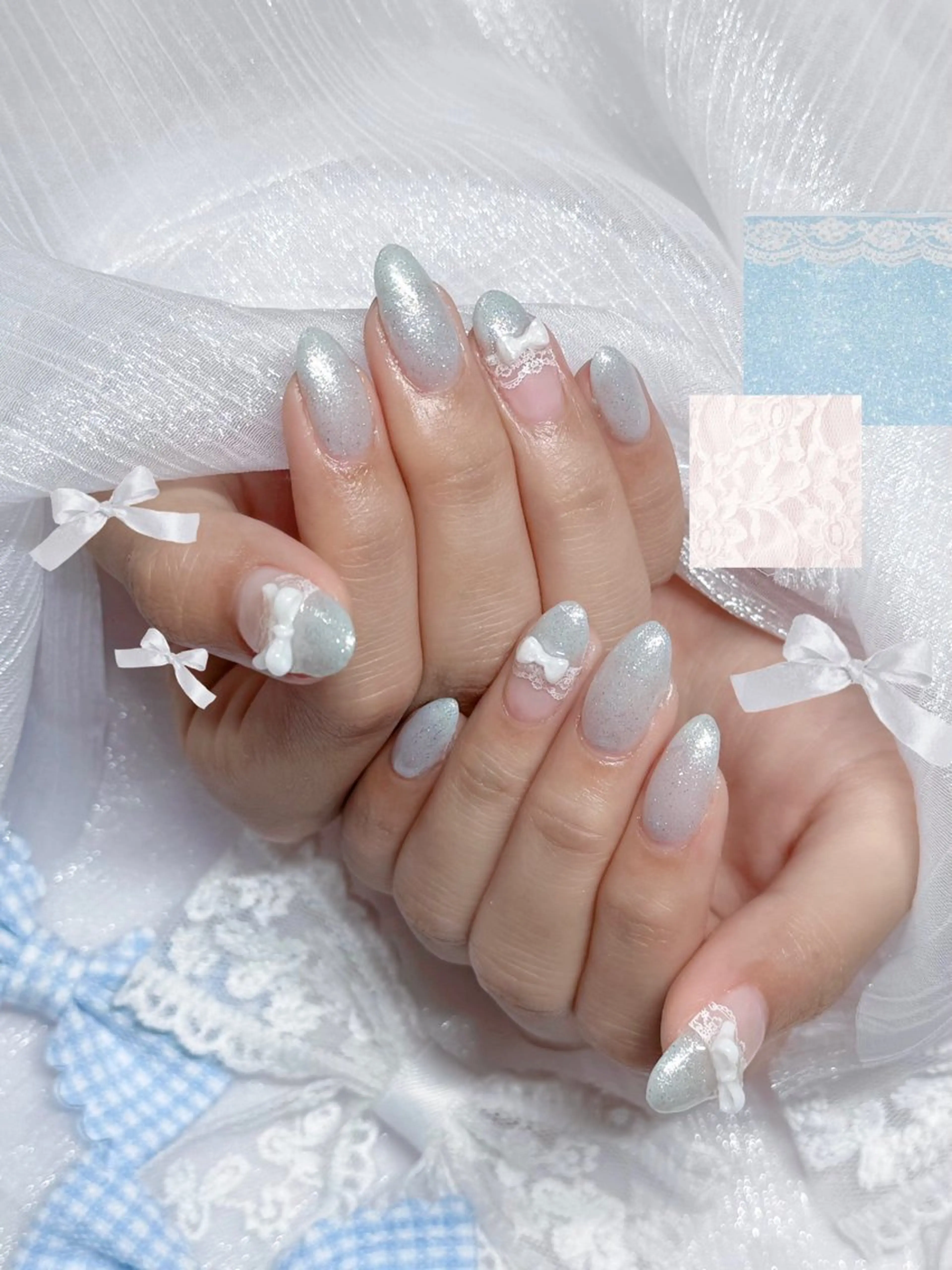 ネイル レース リボン ハンドネイル ✩.*🎀 aoi🎀のネイルデザイン