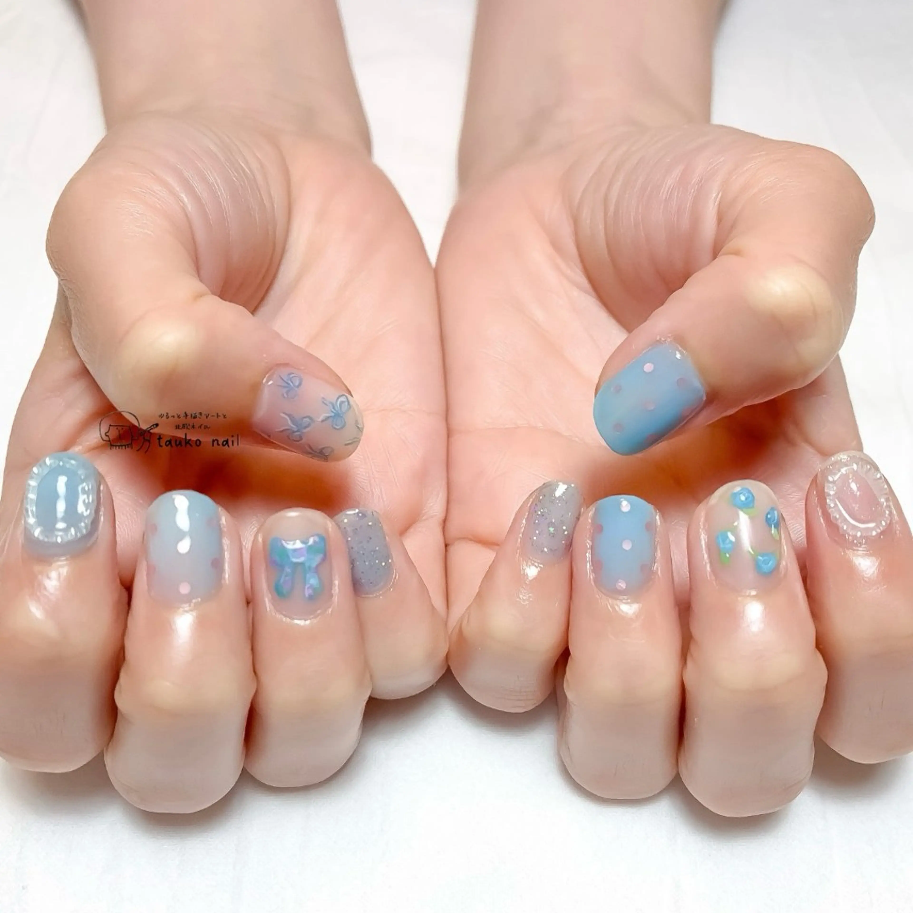 ネイル 水色 リボン ハンドネイル tauko nailのネイルデザイン