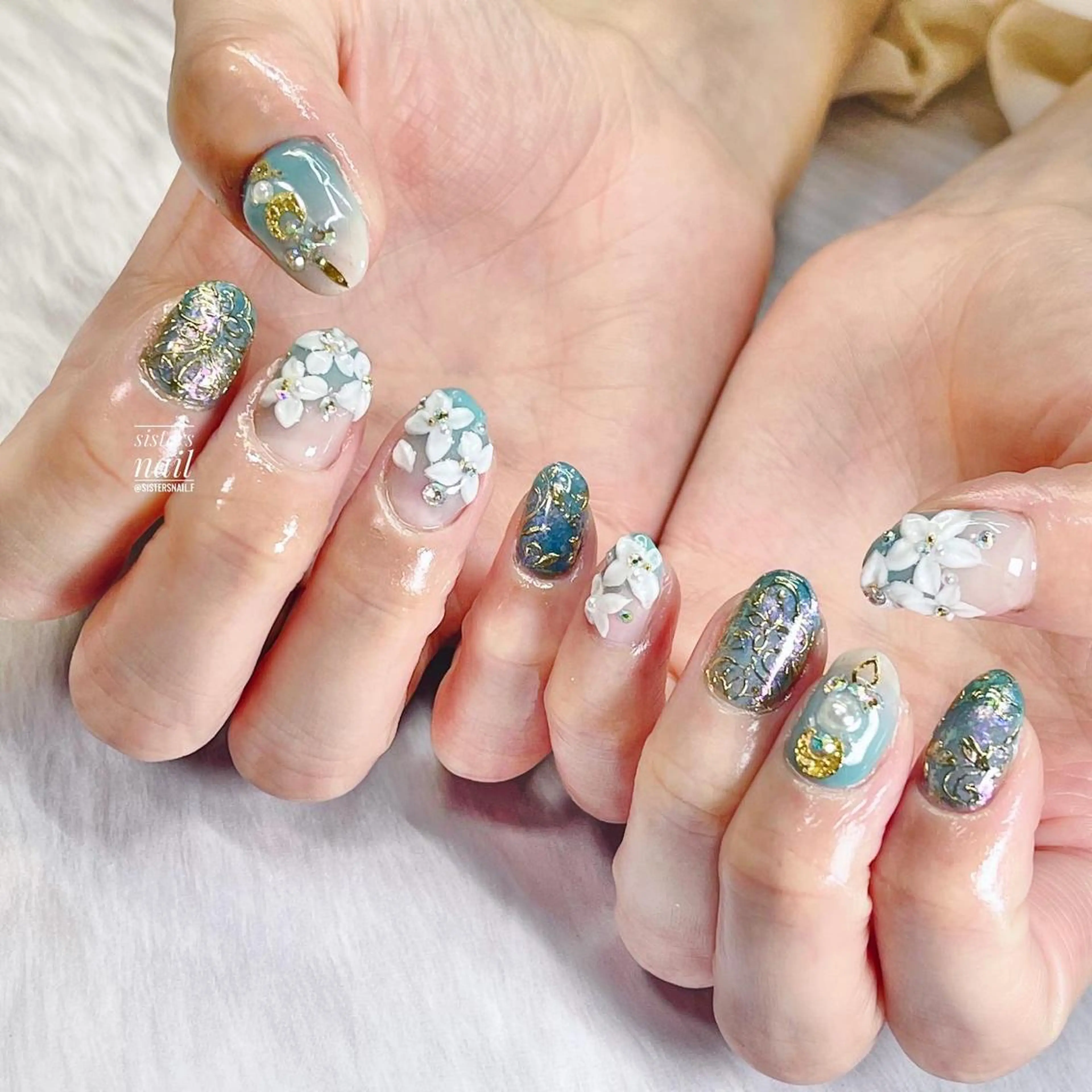 ネイル アートネイル ブルー フラワーネイル グラデーション ハロウィン sisters nail.fのネイルデザイン