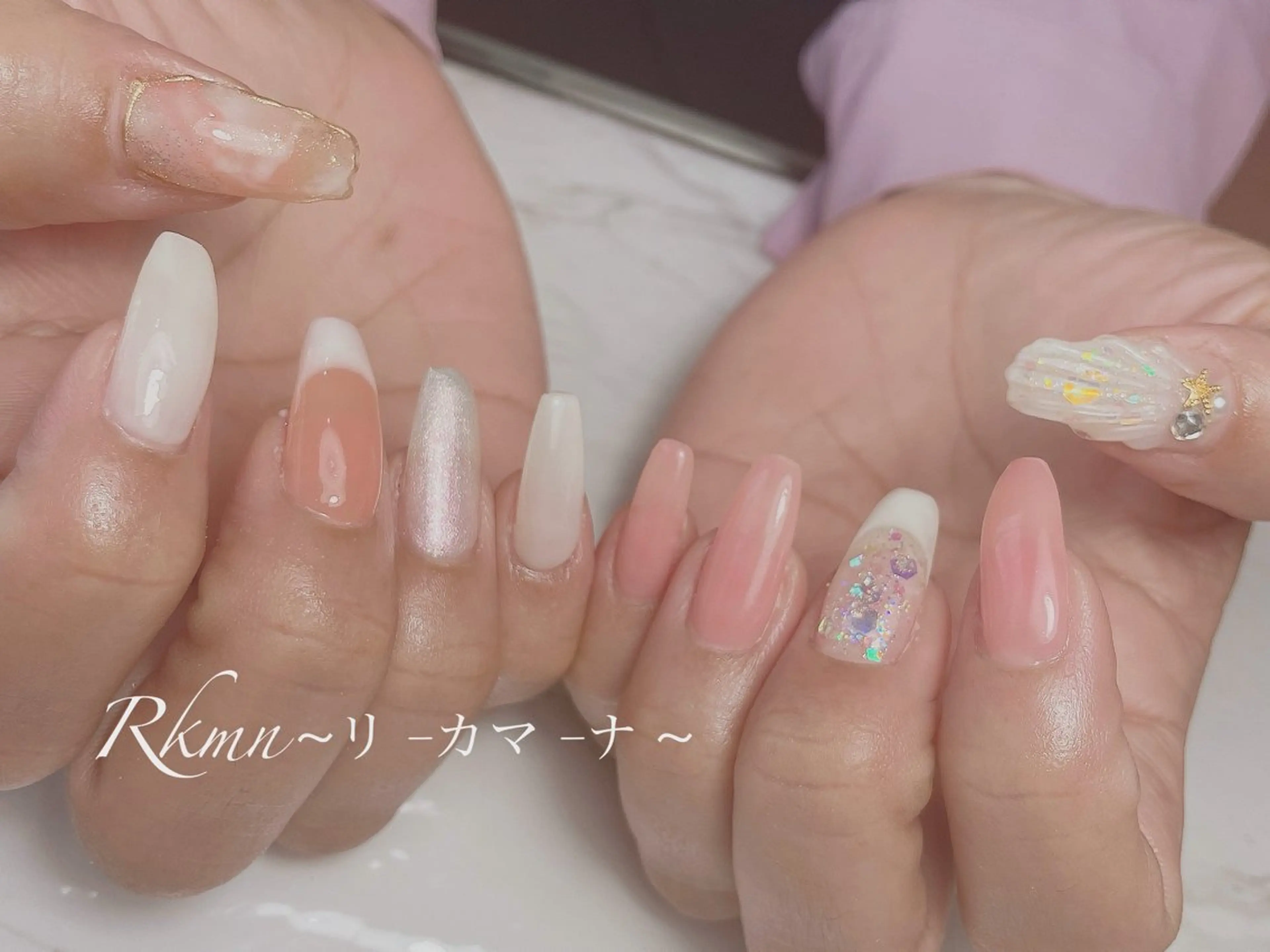 ネイル アートネイル フレンチネイル 大理石ネイル(マーブル) 春ネイル ハンドネイル フットネイル ハンドケア Rkmn ~リ-カマ-ナ~のネイルデザイン