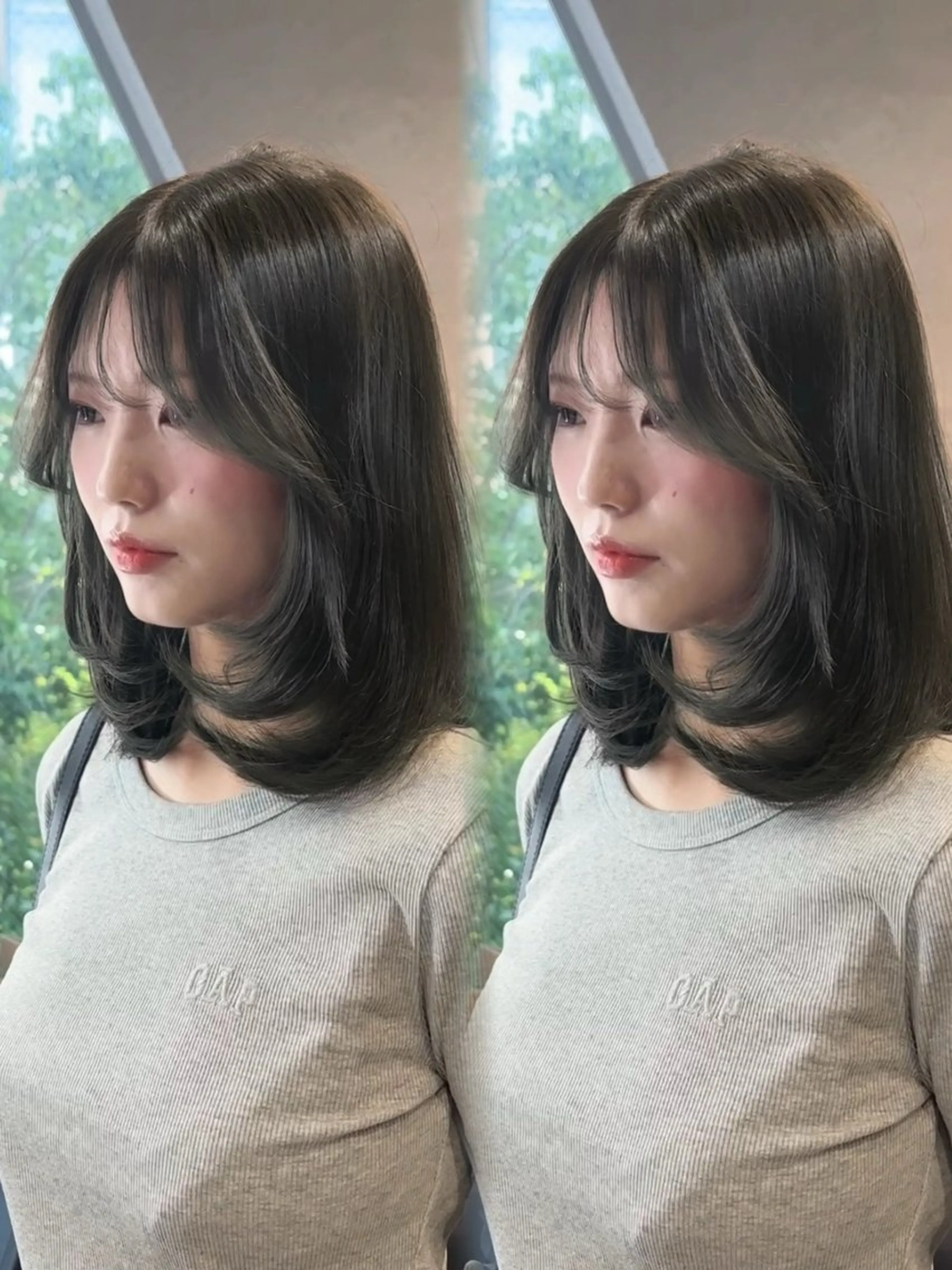 セミロング カット ヘアカラー トリートメント 韓国ヘア/ブリーチ無 しWカラー/オリーブのヘアスタイル