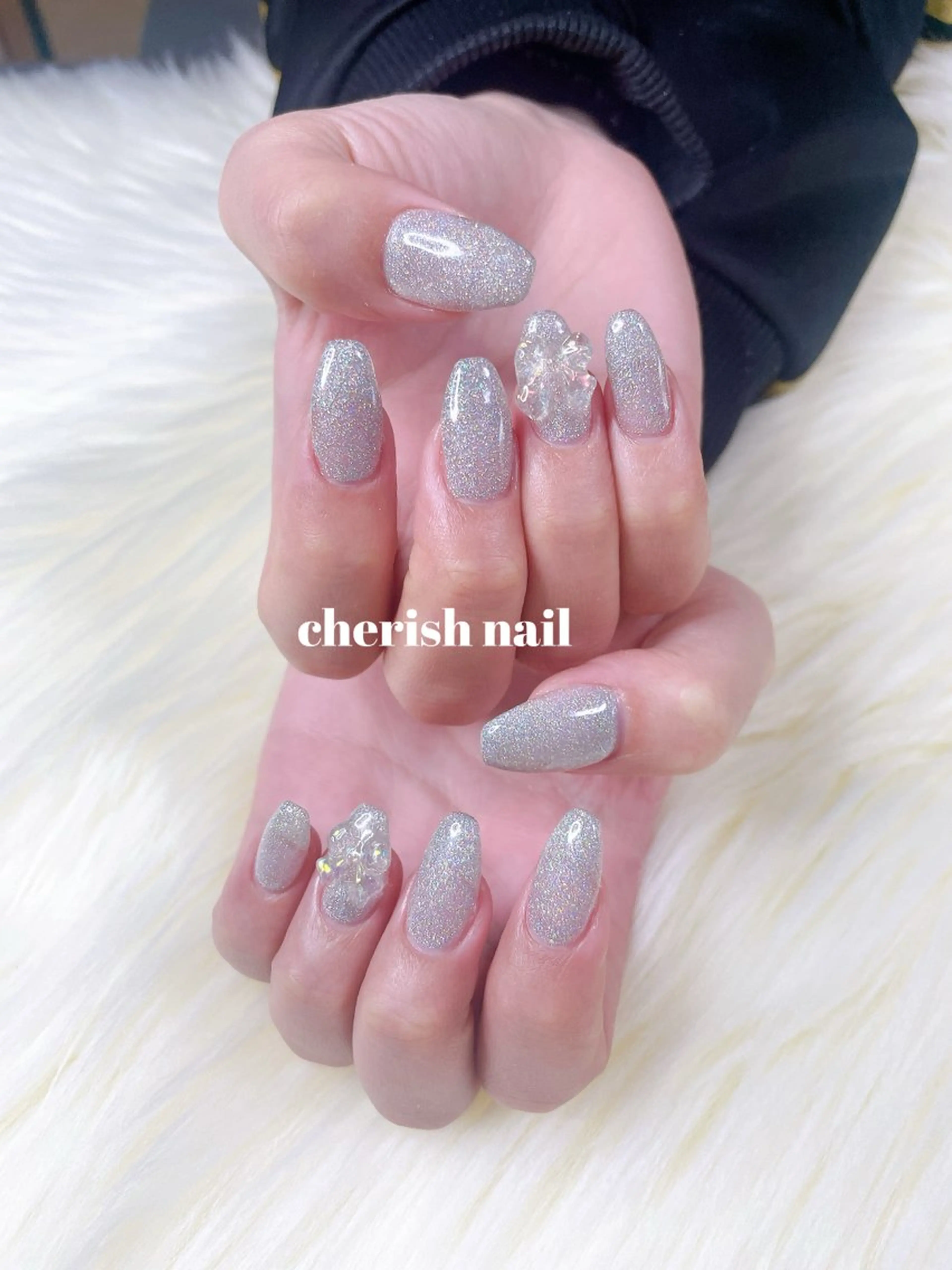 ネイル ラメ(グリッター) ワンカラーネイル リボン ハンドネイル cherish nailのネイルデザイン