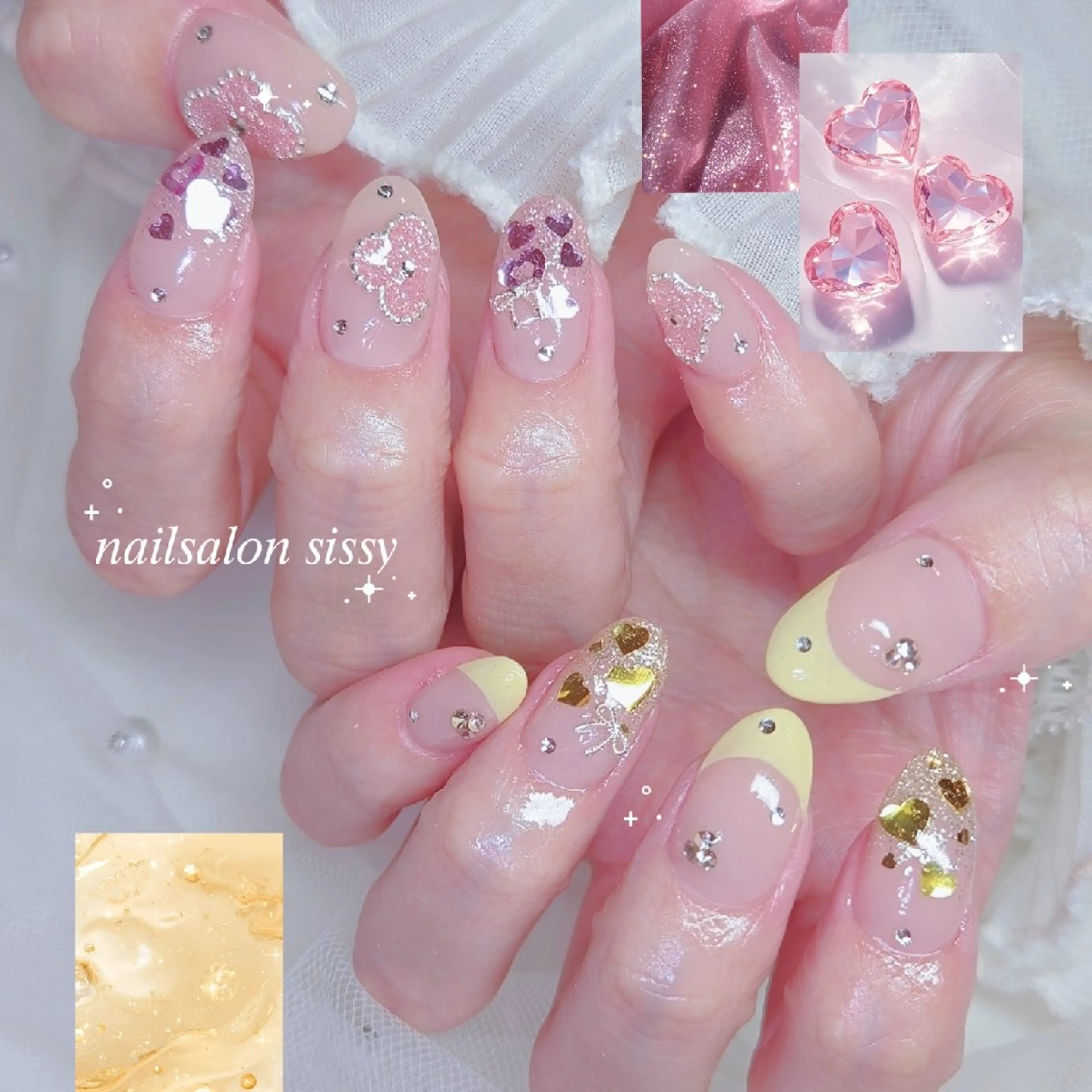 ネイル キラキラネイル ピンク 春ネイル 黄色 ハンドネイル sissy hatsuneのネイルデザイン