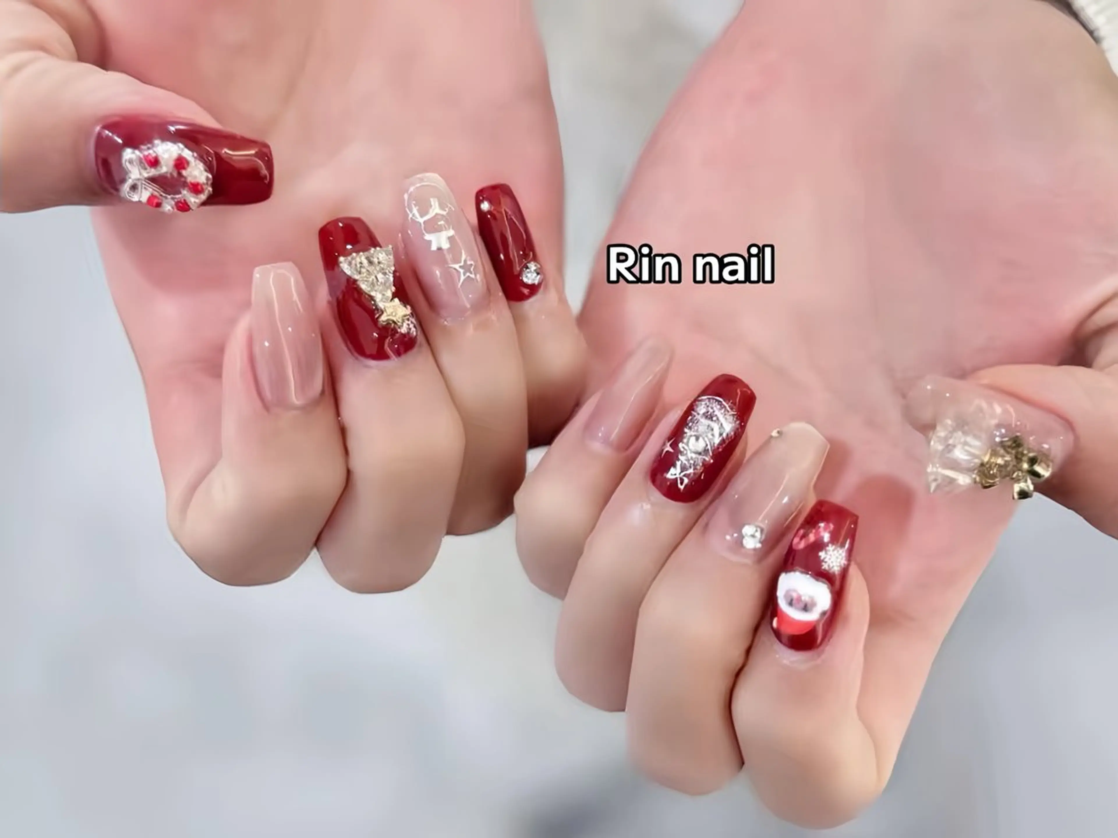 ネイル ボルドー フレンチネイル グラデーション キラキラネイル 韓国ネイル ハンドネイル Rin Nail 新大久保店のネイルデザイン