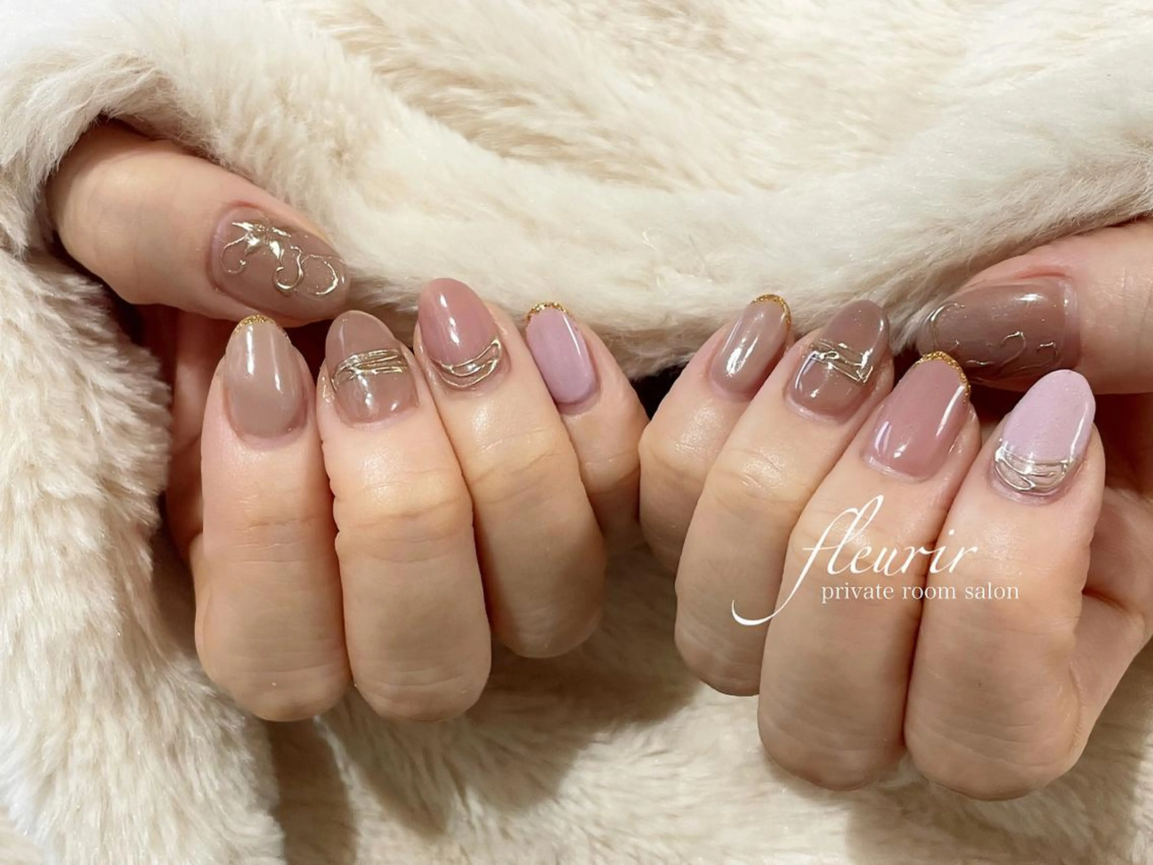 ネイル ブラウン ピンク フルリール 【プライベートサロンのネイルデザイン