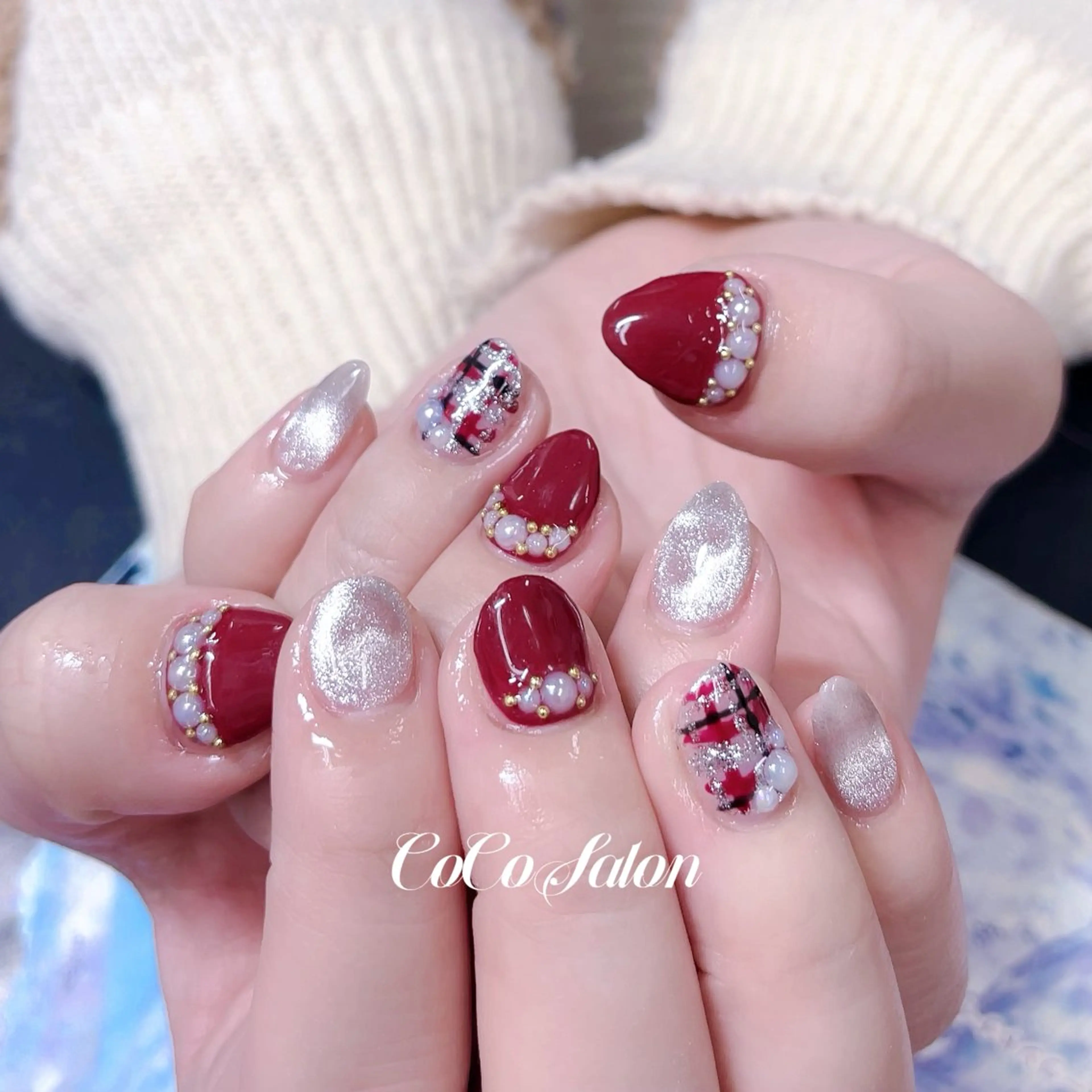 ネイル ボルドー 長さ出し ジェルネイル ハート キラキラネイル ハンドネイル CoCoSalon ネイル/まつ毛予約のネイルデザイン