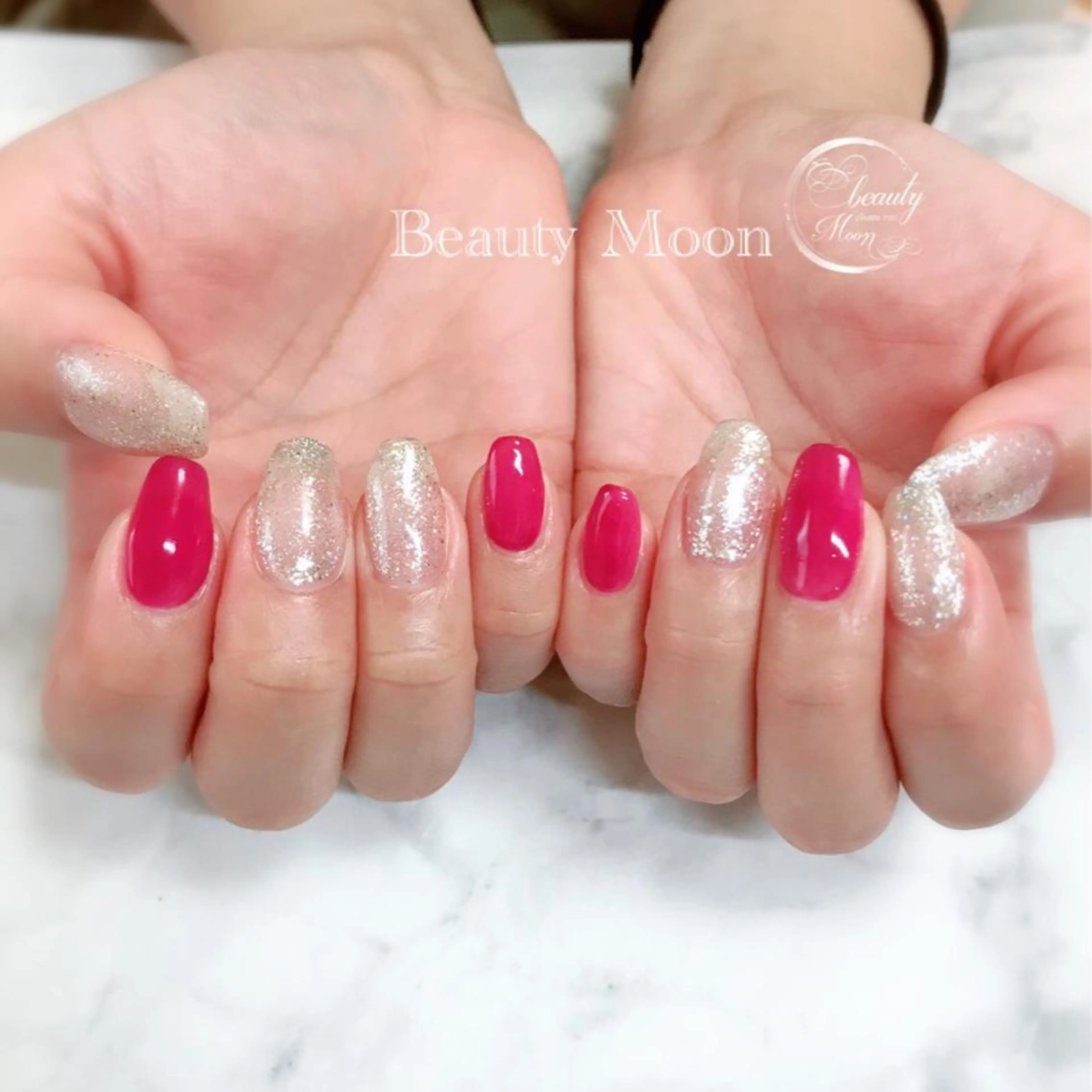 ネイル ラメ(グリッター) ピンク ハンドネイル beauty ☪︎moonのネイルデザイン