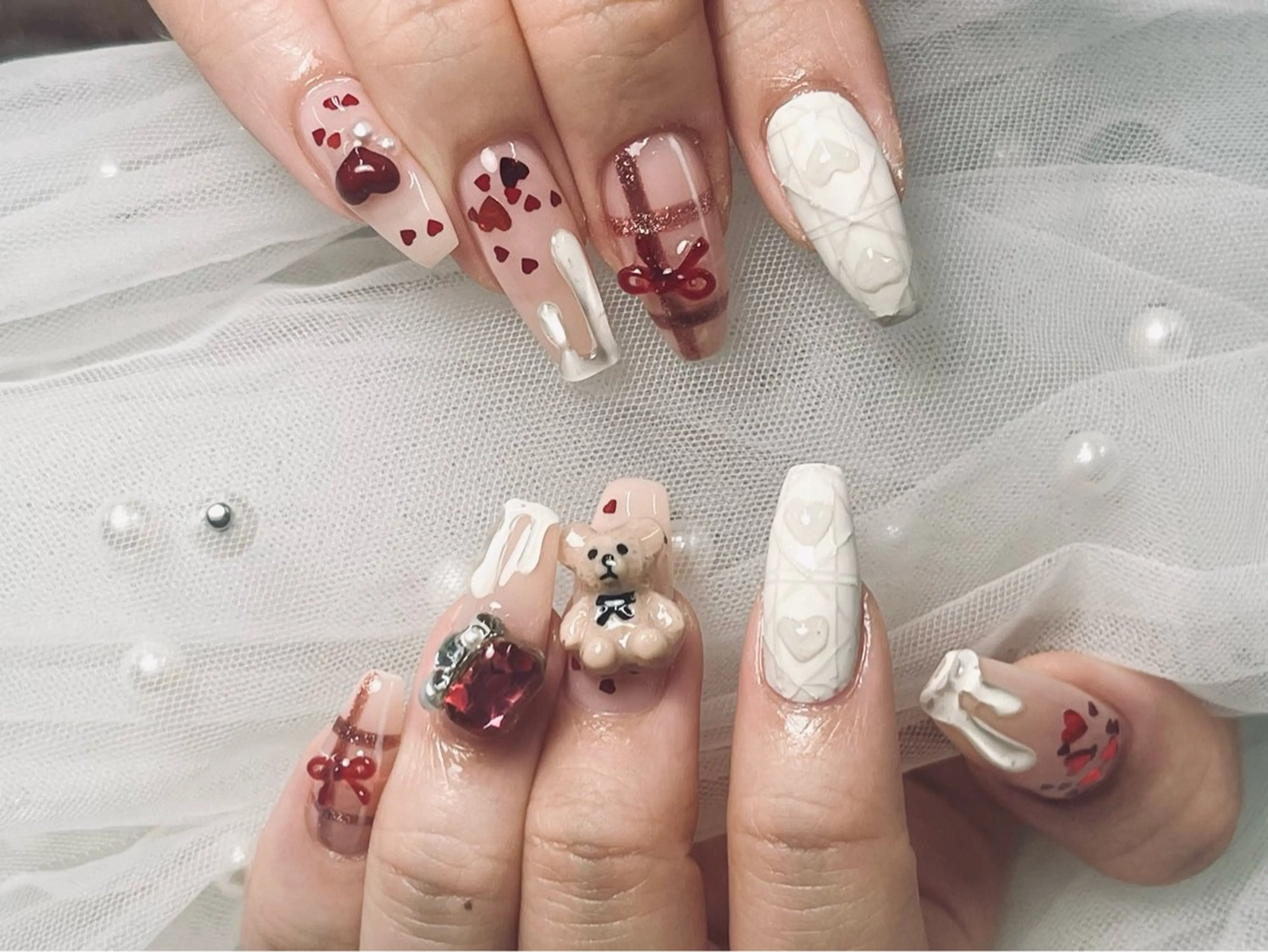 ネイル ハート キラキラネイル 韓国ネイル ピンク リボン ハンドネイル ToliyDeliy Mayuのネイルデザイン