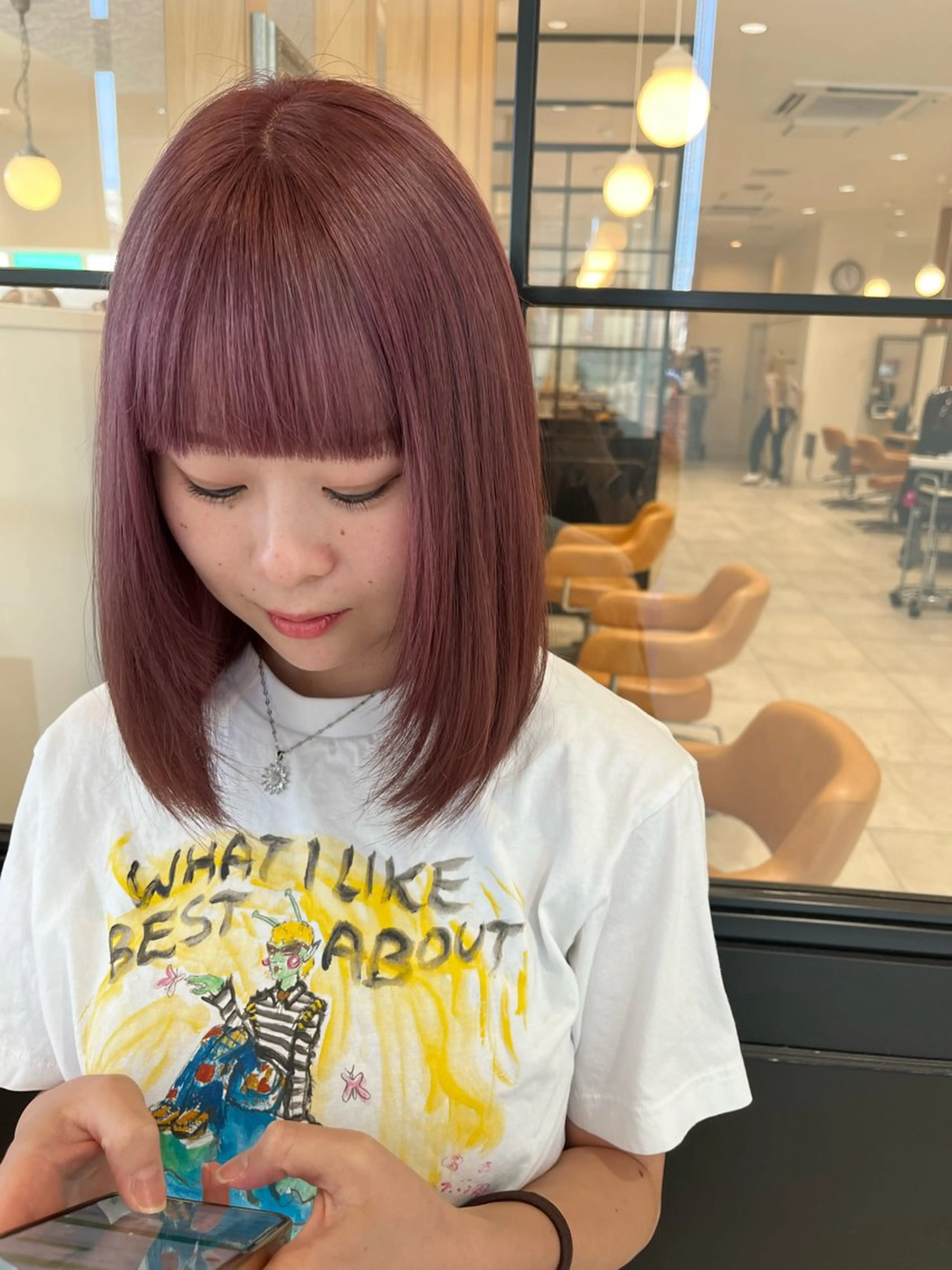 ミディアム カラー 切りっぱなしボブ ブリーチ ダブルカラー ピンクカラー ボブ ラブーケ中川中島店 クラタチカコのヘアスタイル