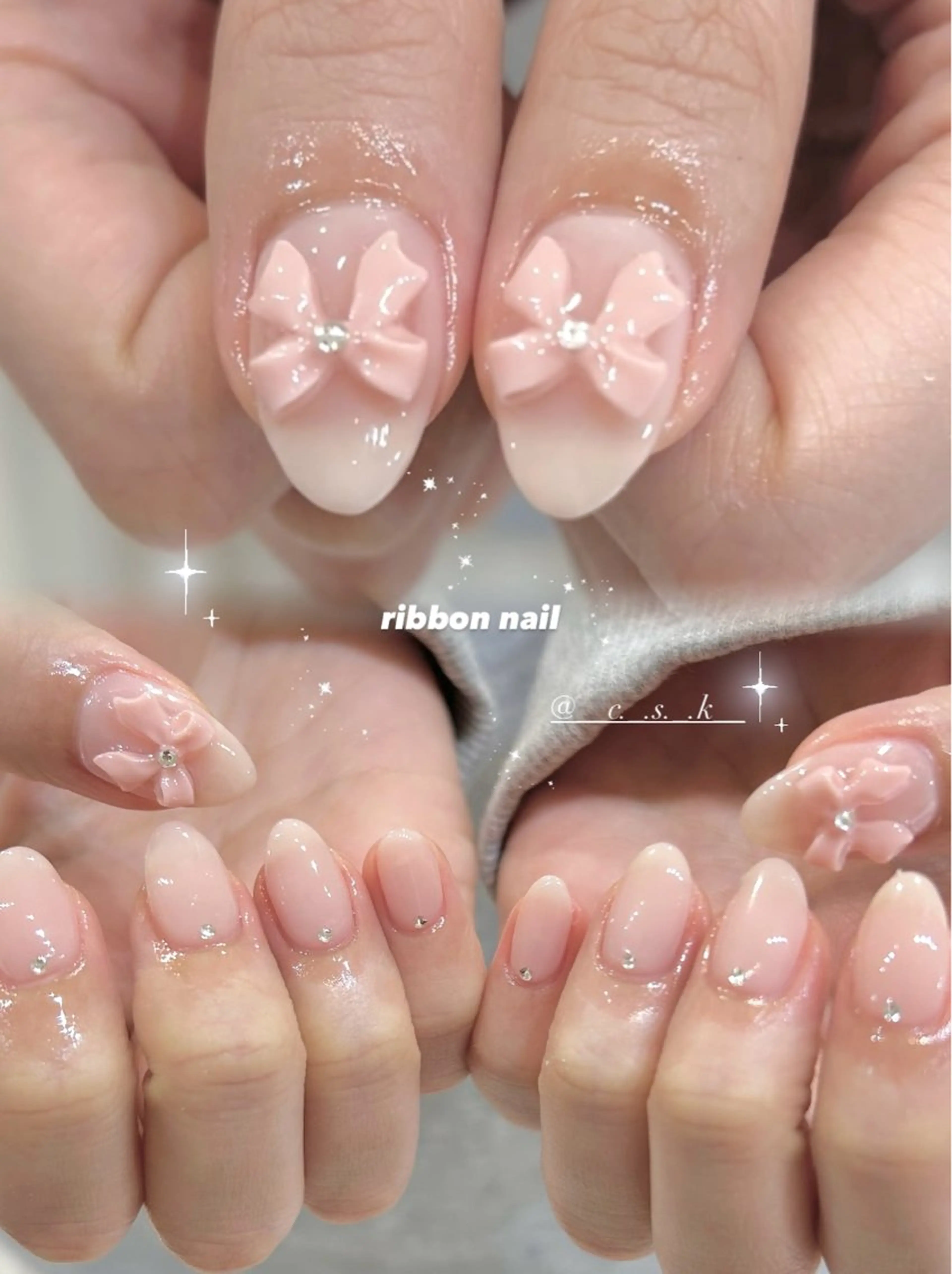 ネイル クリアネイル リボン ストーンネイル ハンドネイル 🎀チーク/ちゅるん 🫧chisa🎀のネイルデザイン