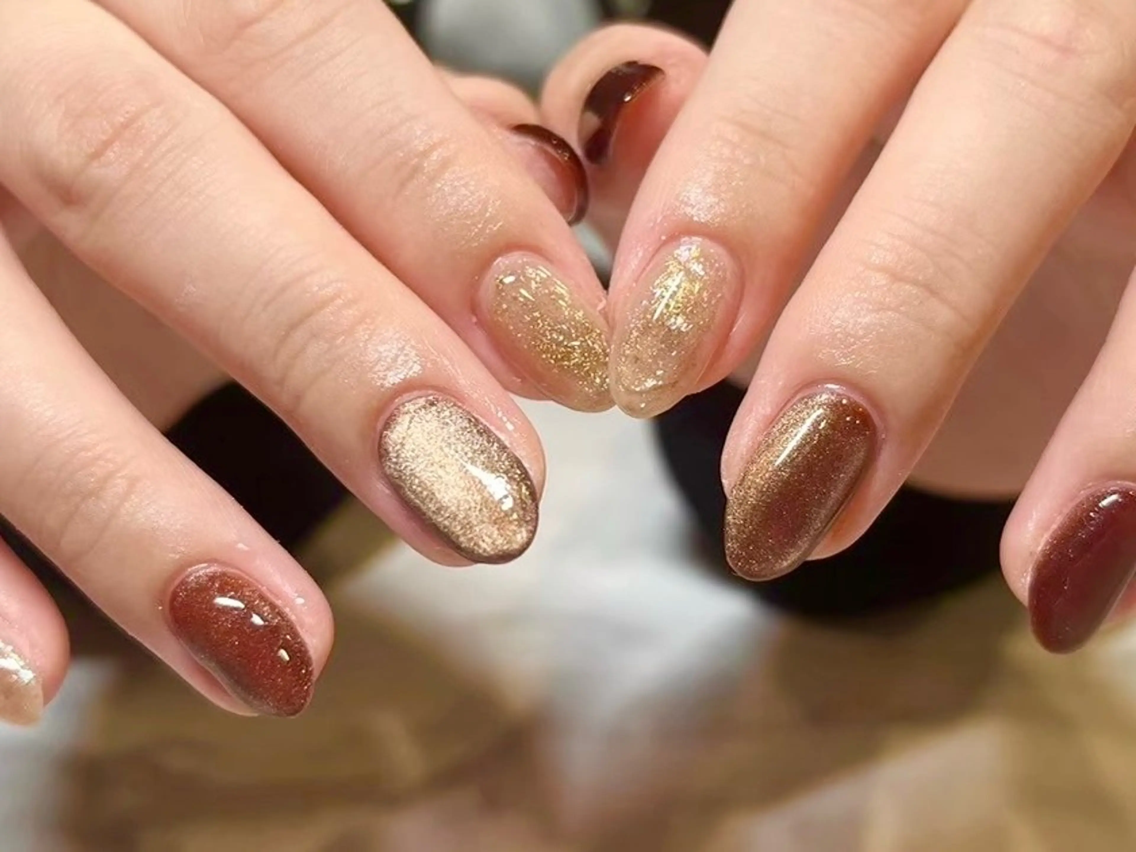 ネイル ブラウン ニュアンスネイル 🫧ちゅるん/韓国 Ayano𓈒🎀のネイルデザイン