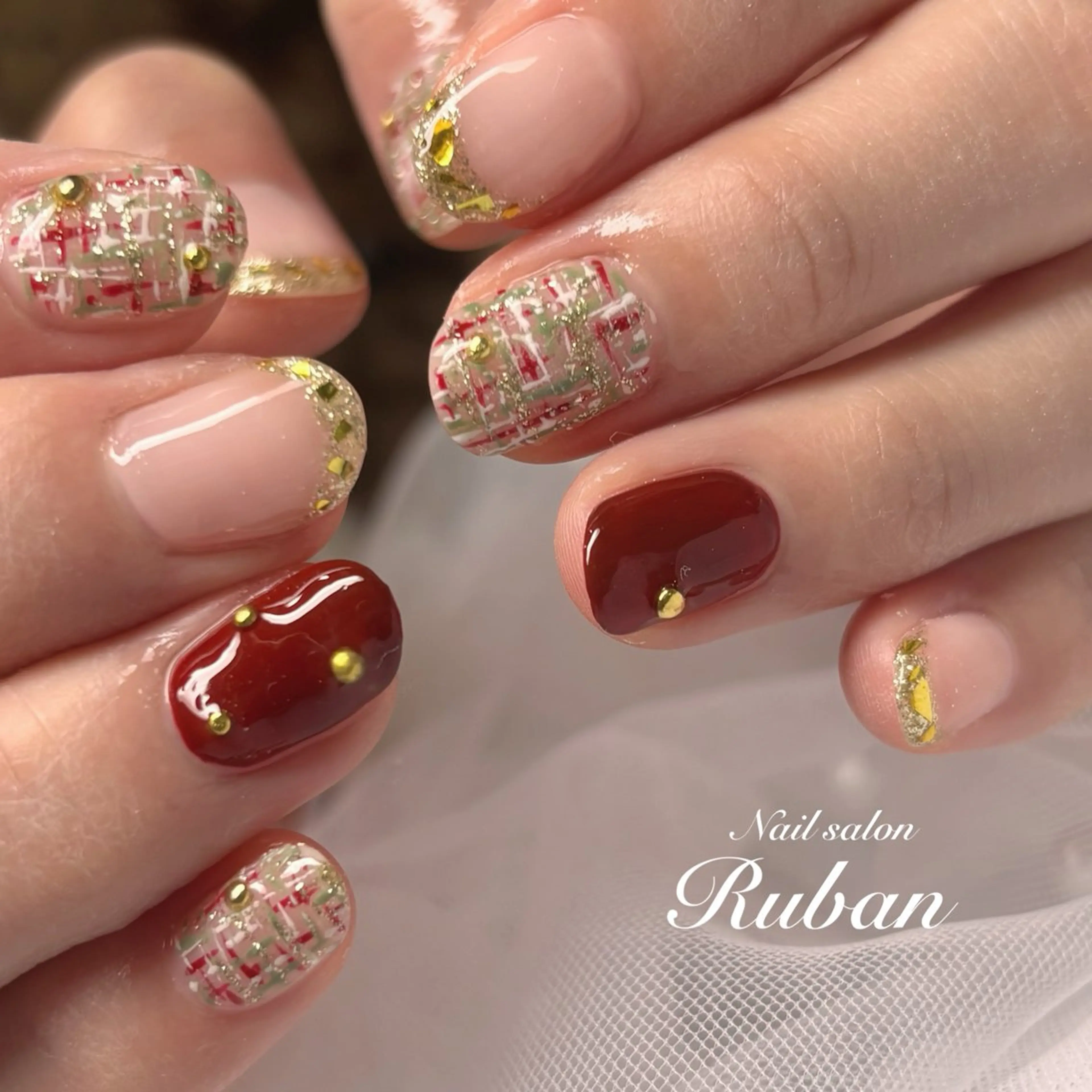 ネイル ボルドー ツイードネイル Nail salon Rubanのネイルデザイン
