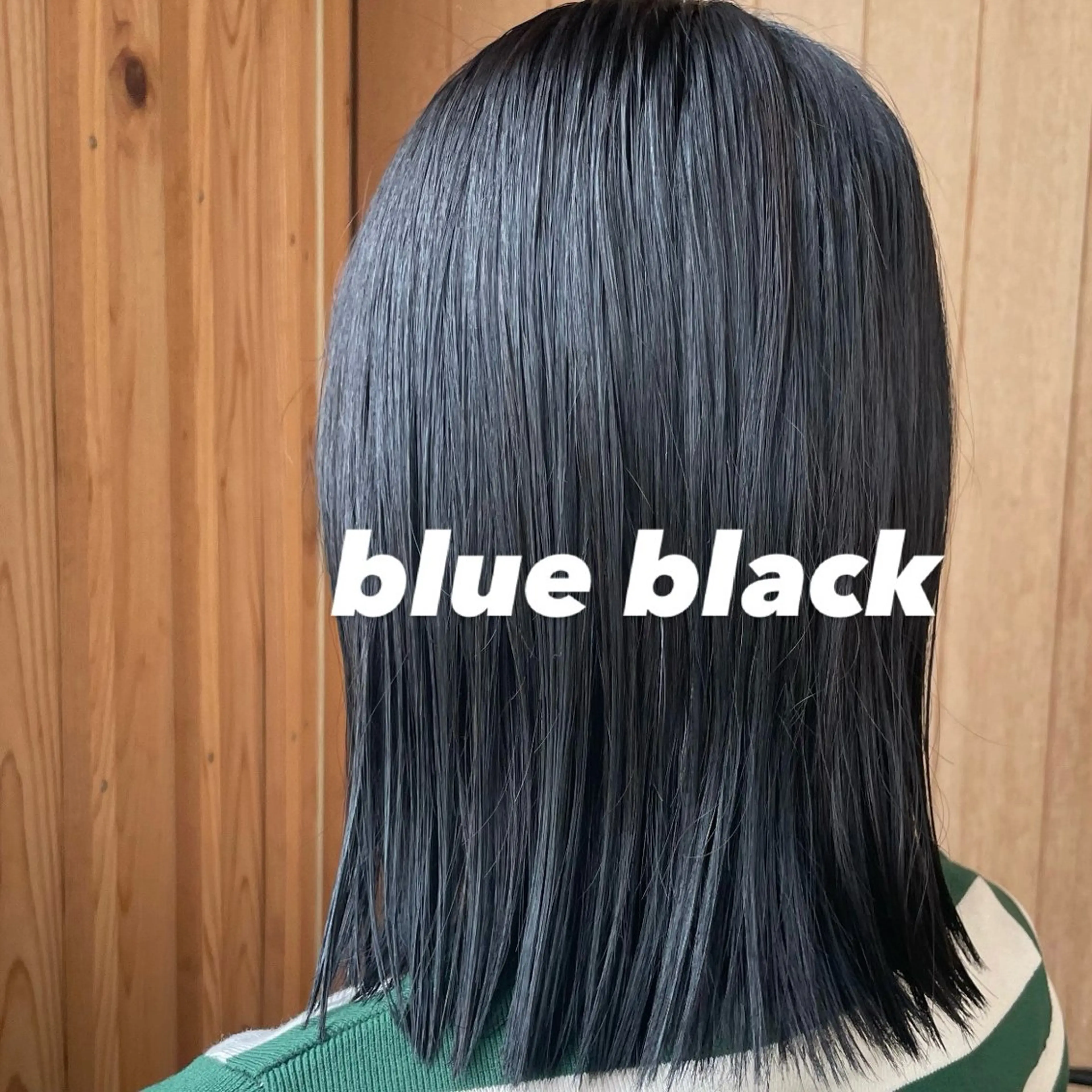 ミディアム カラー 黒髪 ブリーチ ブルーカラー ブルーブラック ブリーチなしカラー ちほ /ボブスタイルのヘアスタイル