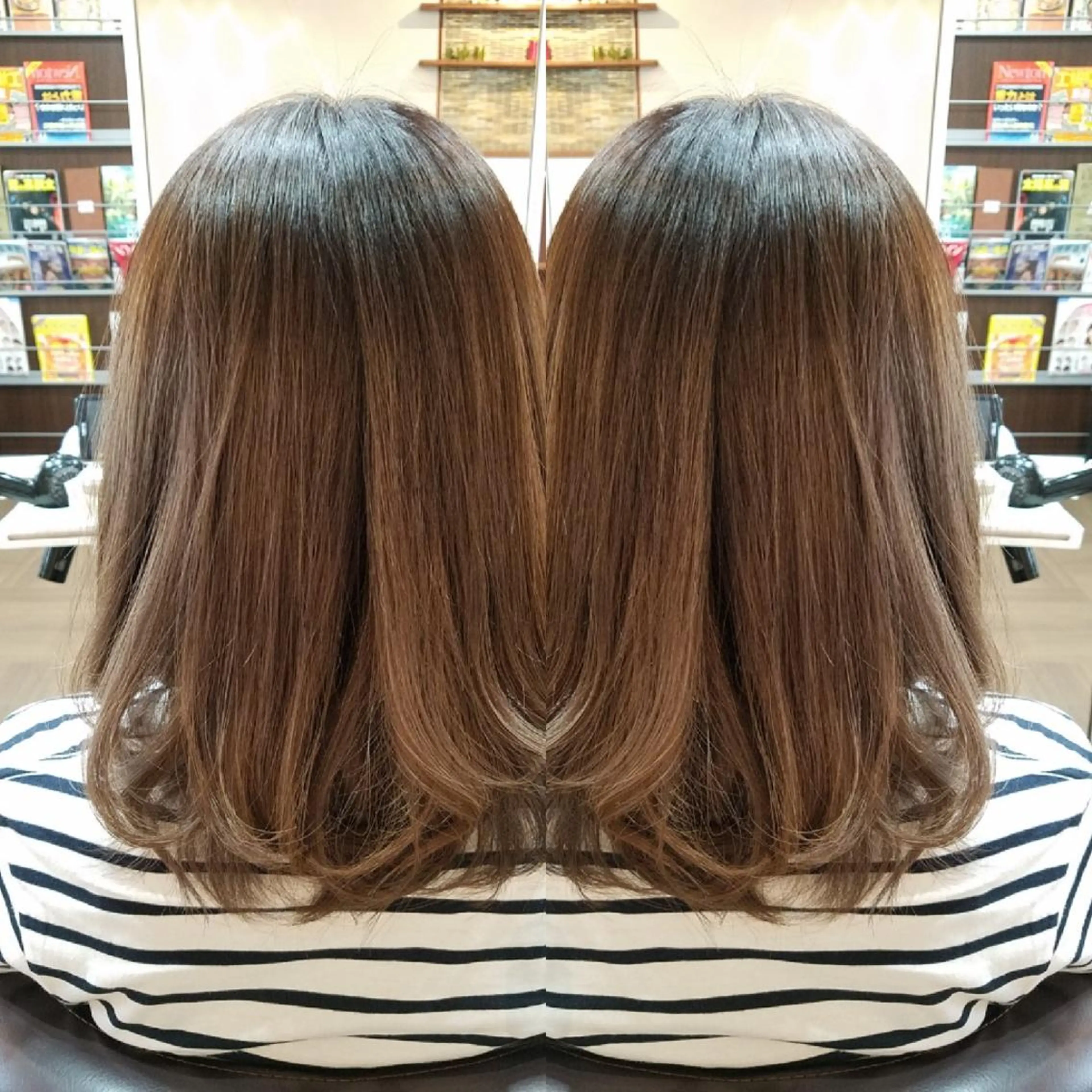 ミディアム カラー バレイヤージュ ダブルカラー シルバー レイヤーカット 大川  幸樹のヘアスタイル