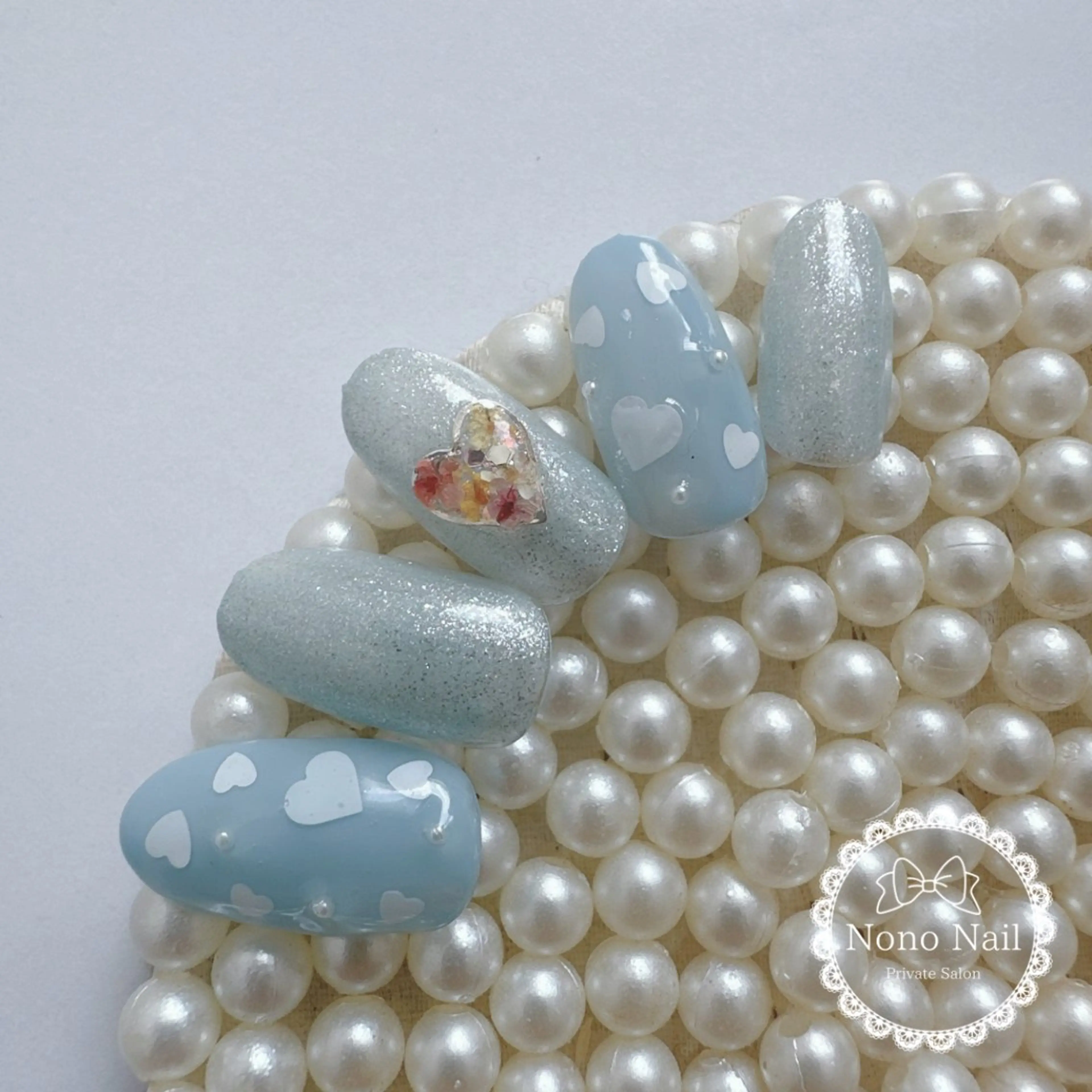 ネイル ブルー ジェルネイル ハート ホログラムネイル ラメ(グリッター) Nono Nail ノノネイルのネイルデザイン