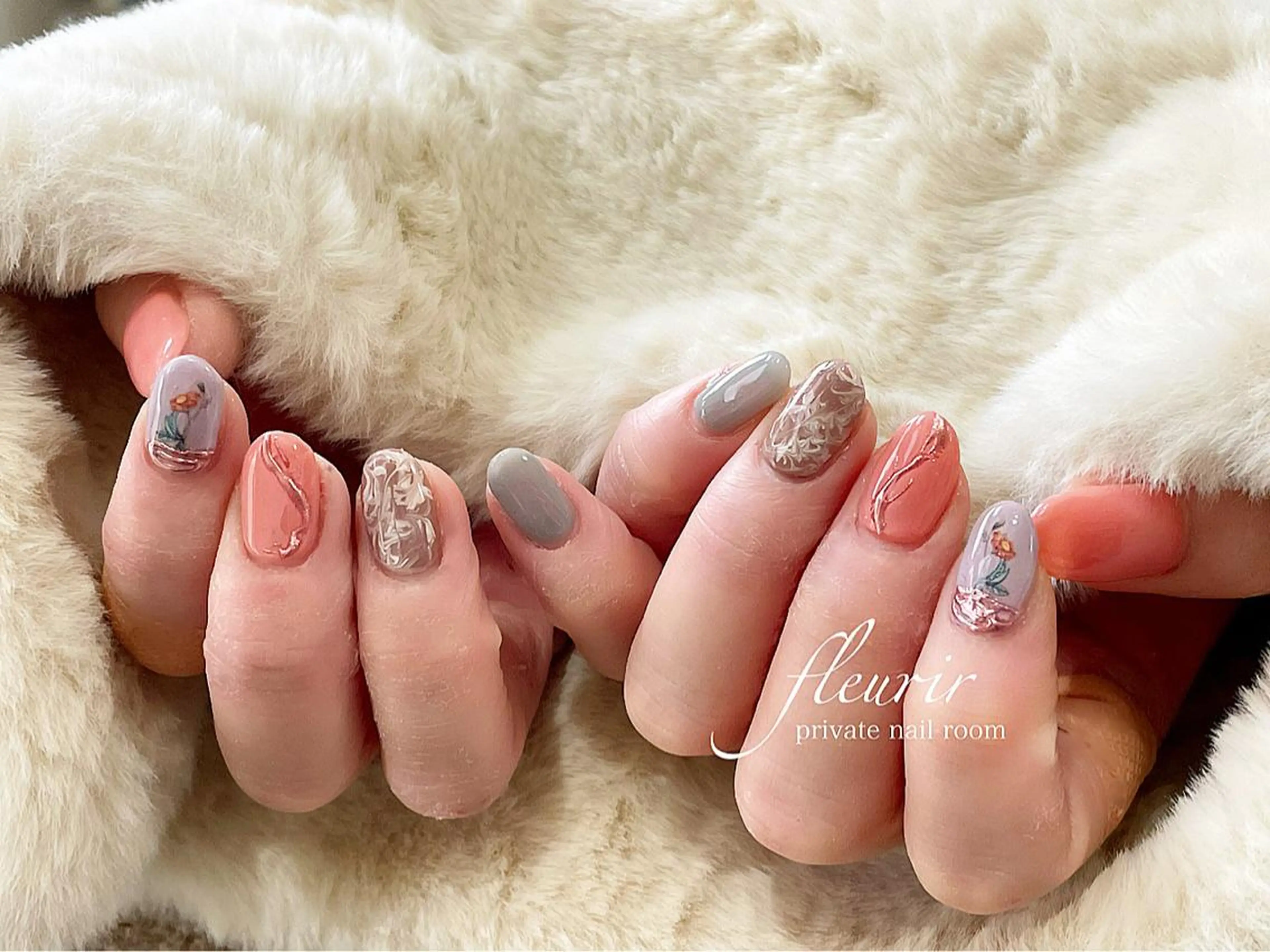 ネイル アートネイル ラメ(グリッター) 大理石ネイル(マーブル) ミラーネイル ピンク フルリール 【プライベートサロンのネイルデザイン