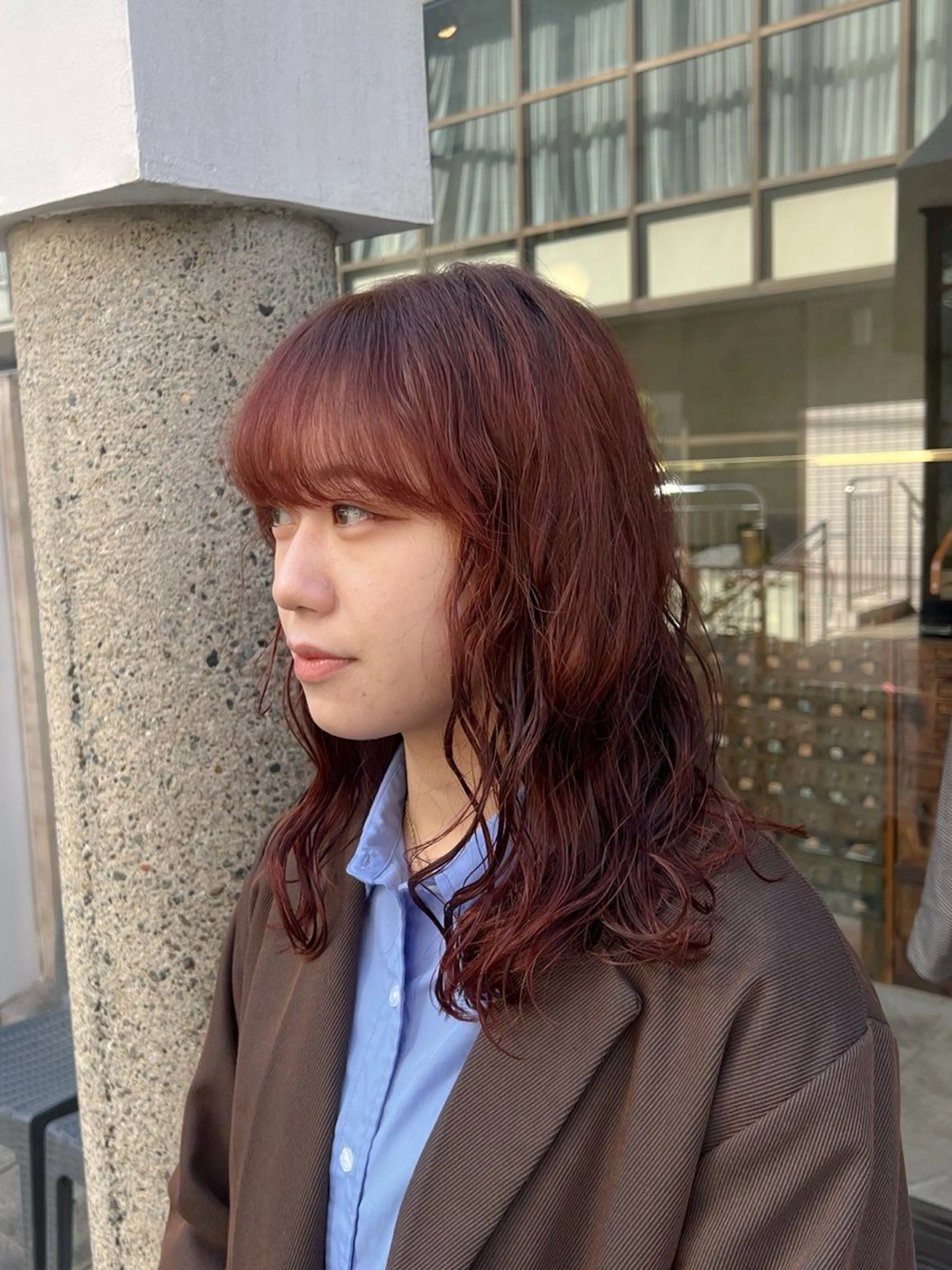 ミディアム カラー パーマ ヘアアレンジ ミディアムパーマ ブラウンカラー 透明感カラー オレンジ オレンジブラウン カット パーマ トリートメント レイヤー/艶髪矯正 🪐takushiのヘアスタイル