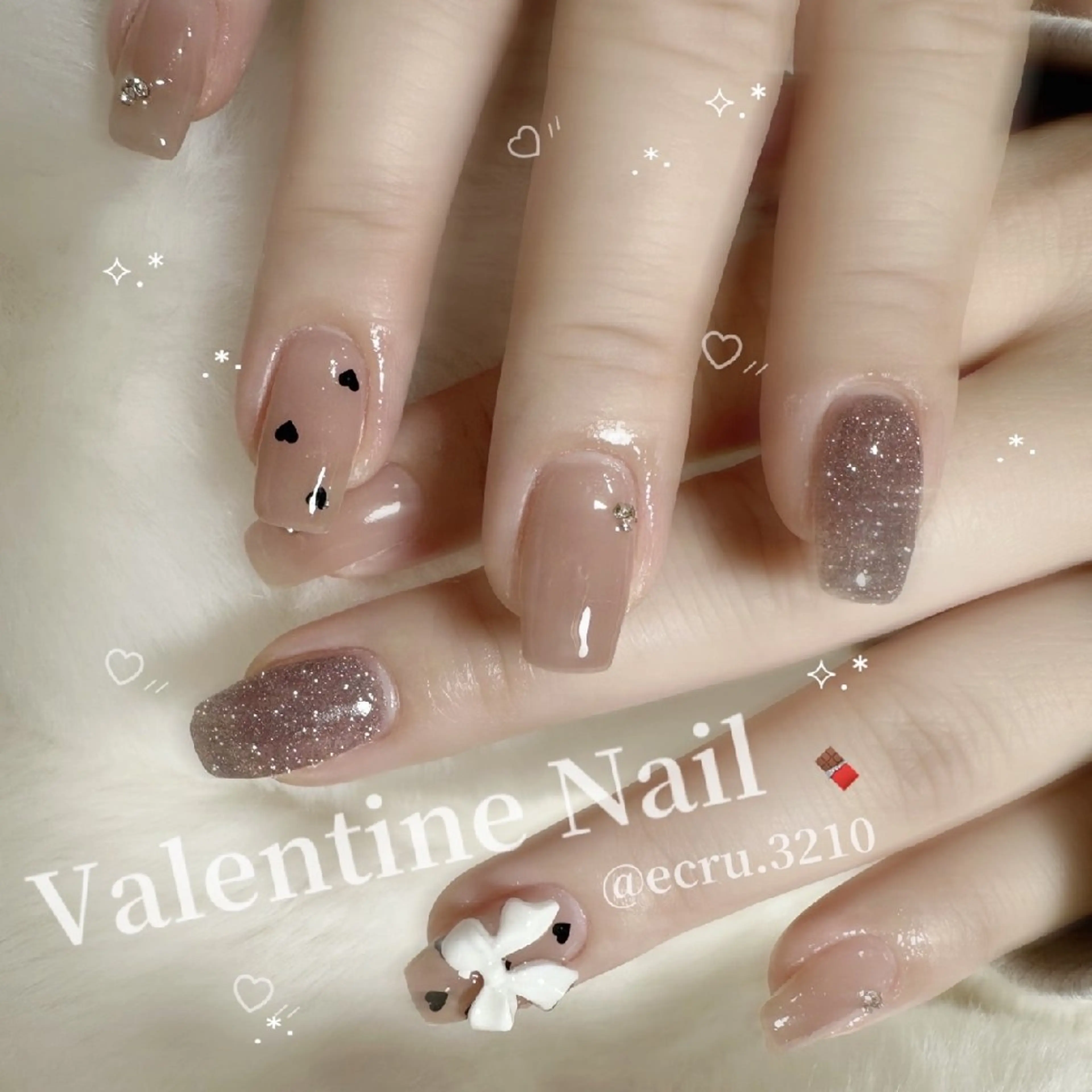 ネイル ハート ピンク ピンクベージュ リボン バレンタイン ecru.所属・TAKAHASHI NANAMIのマツエク・マツパデザイン