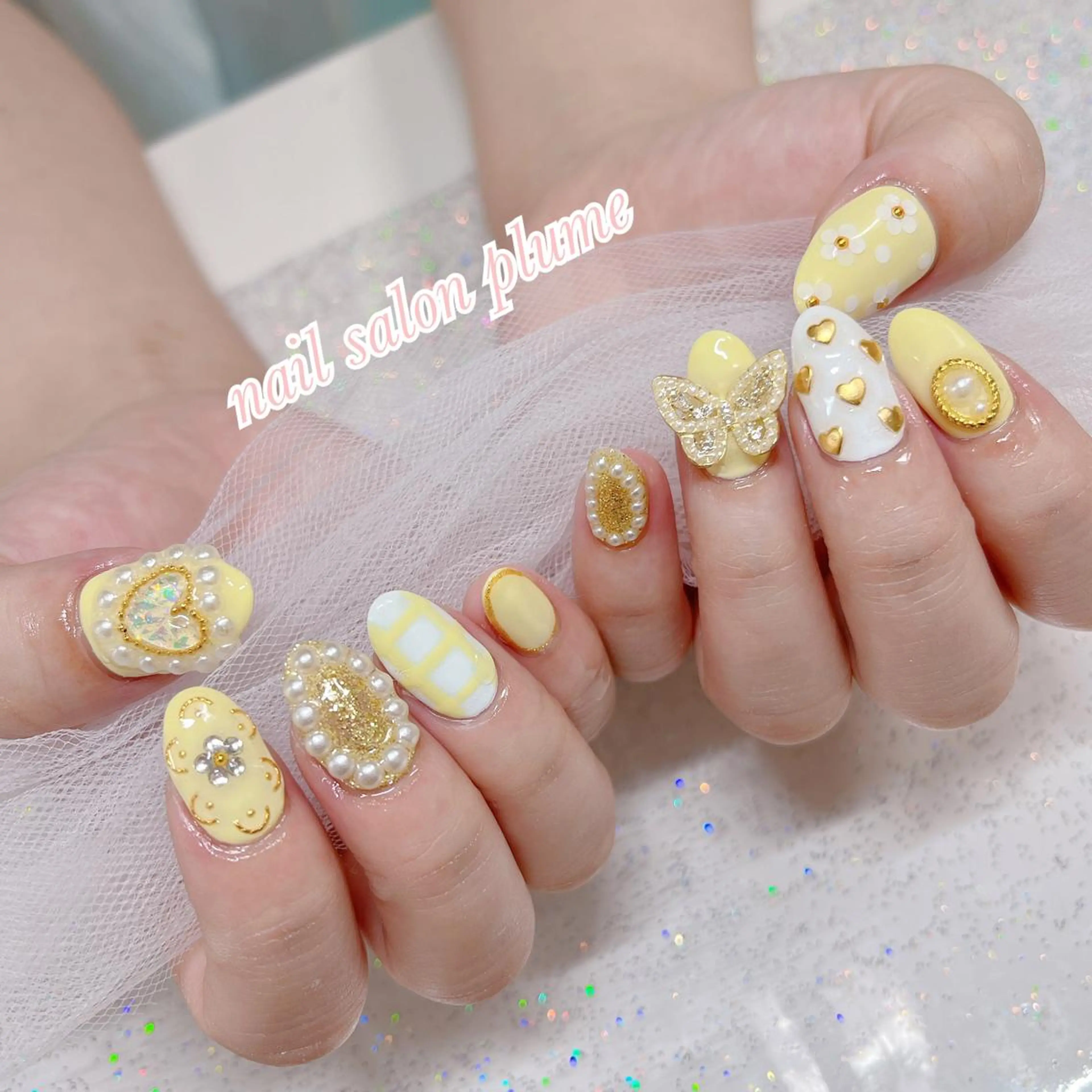 ネイル アートネイル ガーリー ハート 韓国ネイル 黄色 ハンドネイル plume nail ☆韓国ネイルのネイルデザイン