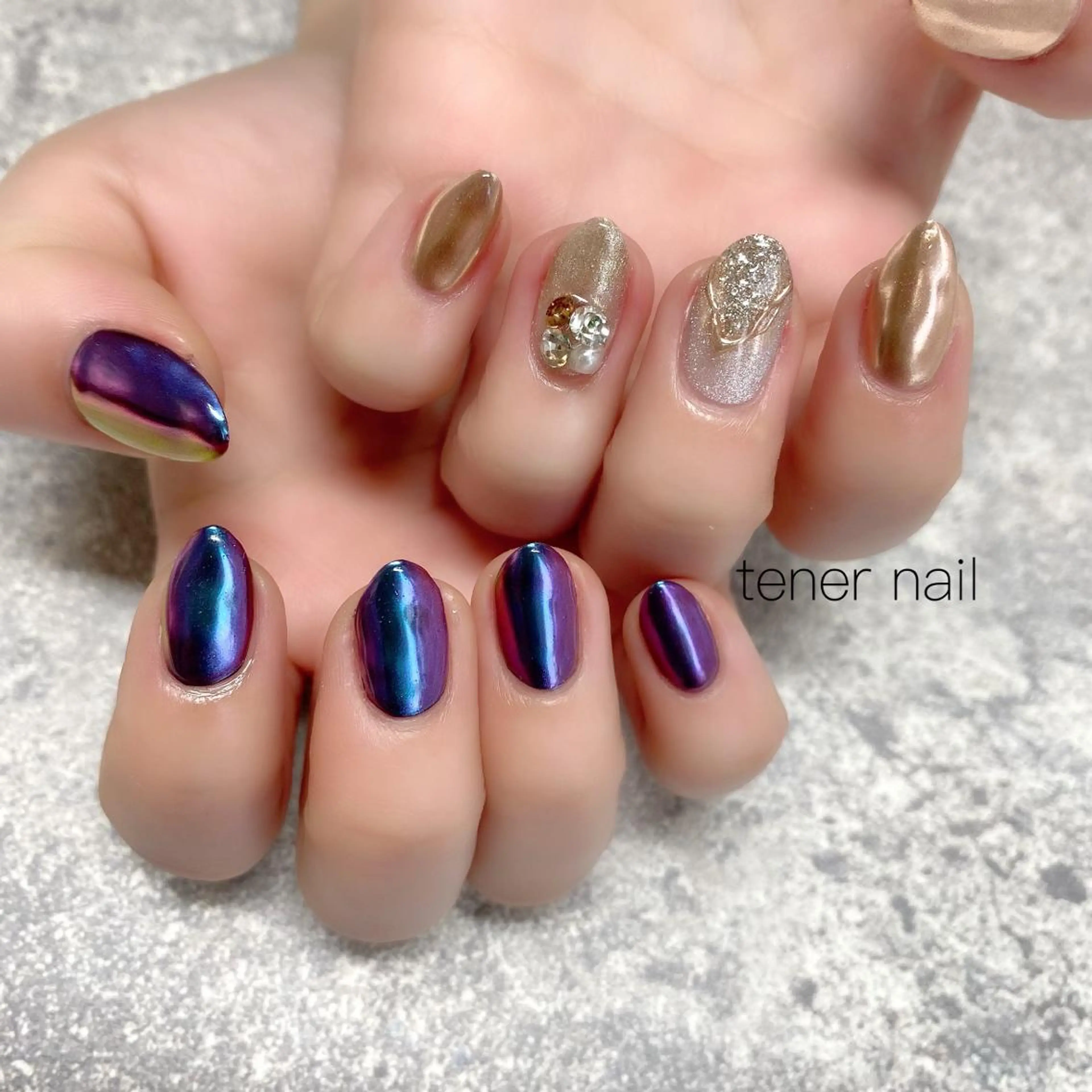 ネイル ブルー ゴールド ニュアンスネイル テネルネイル tener nailのネイルデザイン