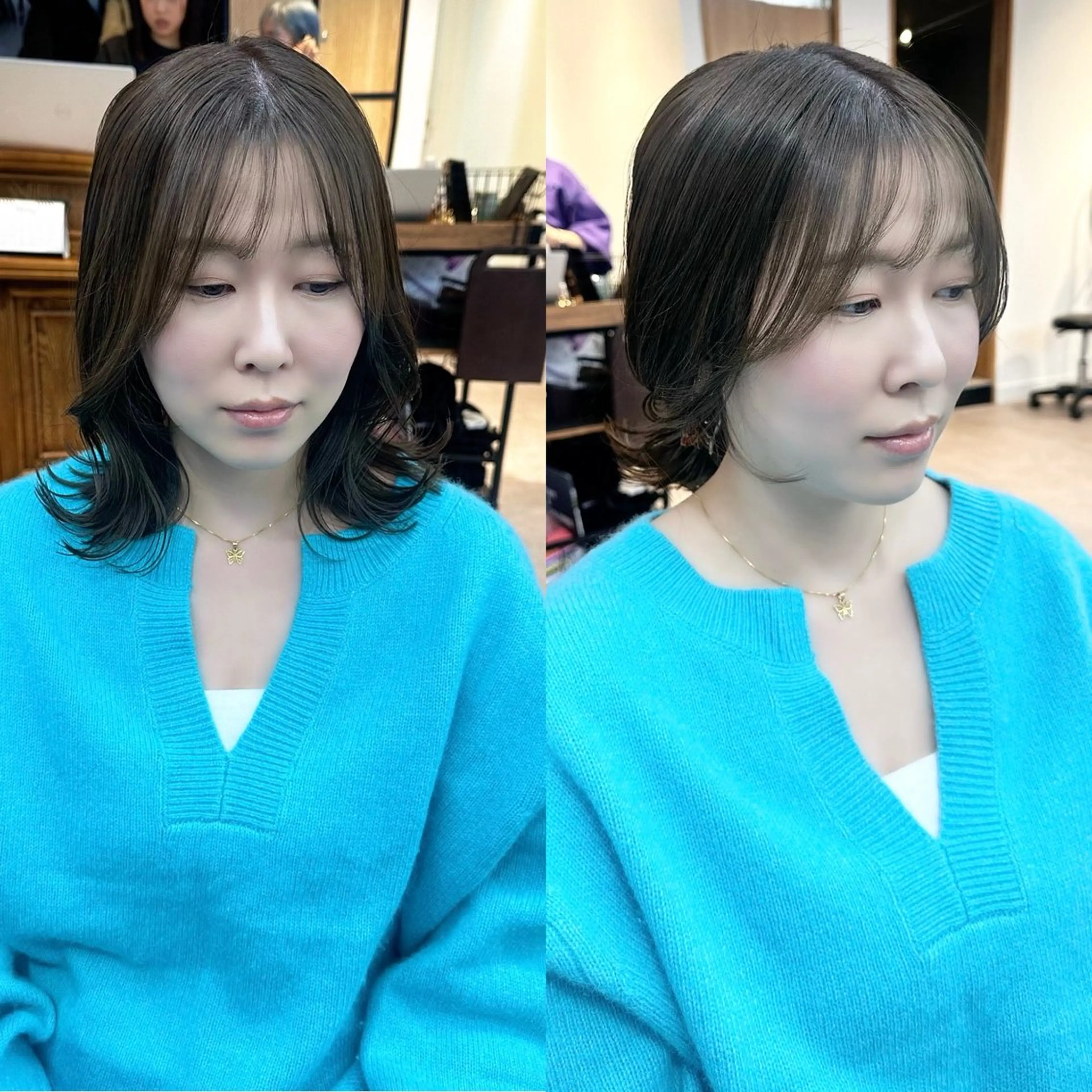 ミディアム カラー パーマ ヘアアレンジ メンズ キッズ レイヤーカット 🌿透け感カラーのヘアスタイル