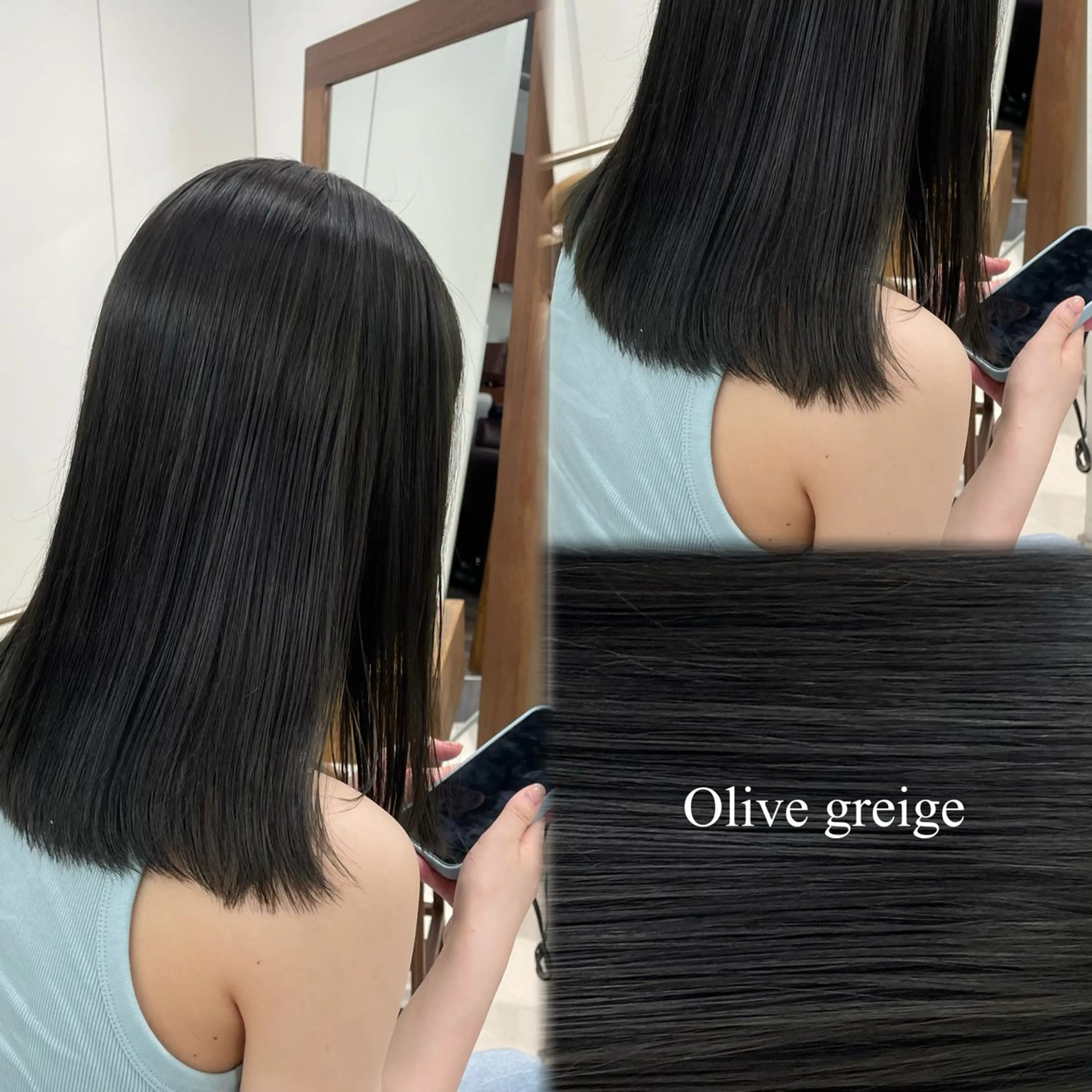 セミロング カラー ベージュカラー オリーブベージュ 垢抜け小顔レイヤー オリーブ/スミレのヘアスタイル