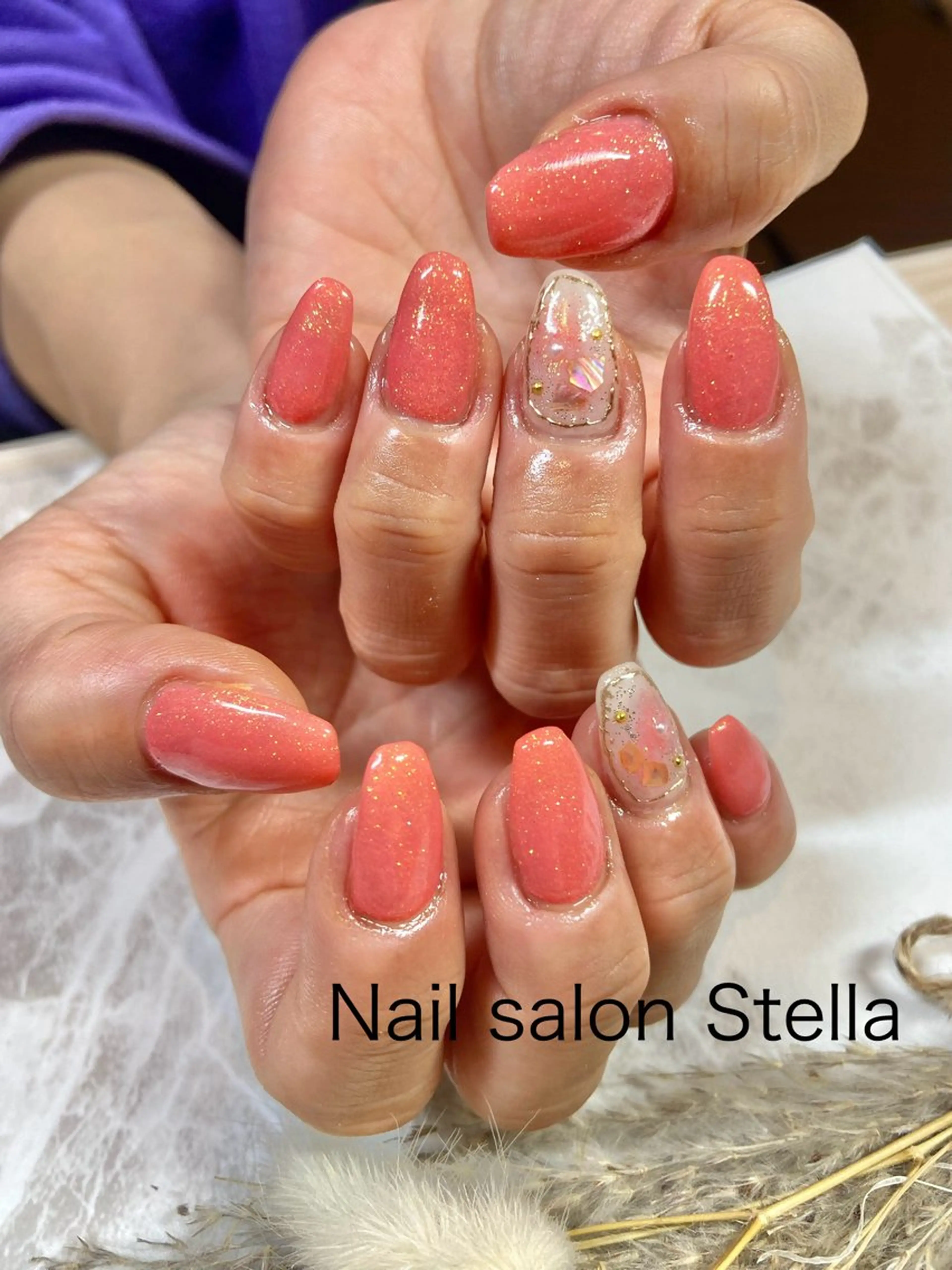 ネイル キラキラネイル オレンジ ハンドネイル ネイルサロン ステラのネイルデザイン