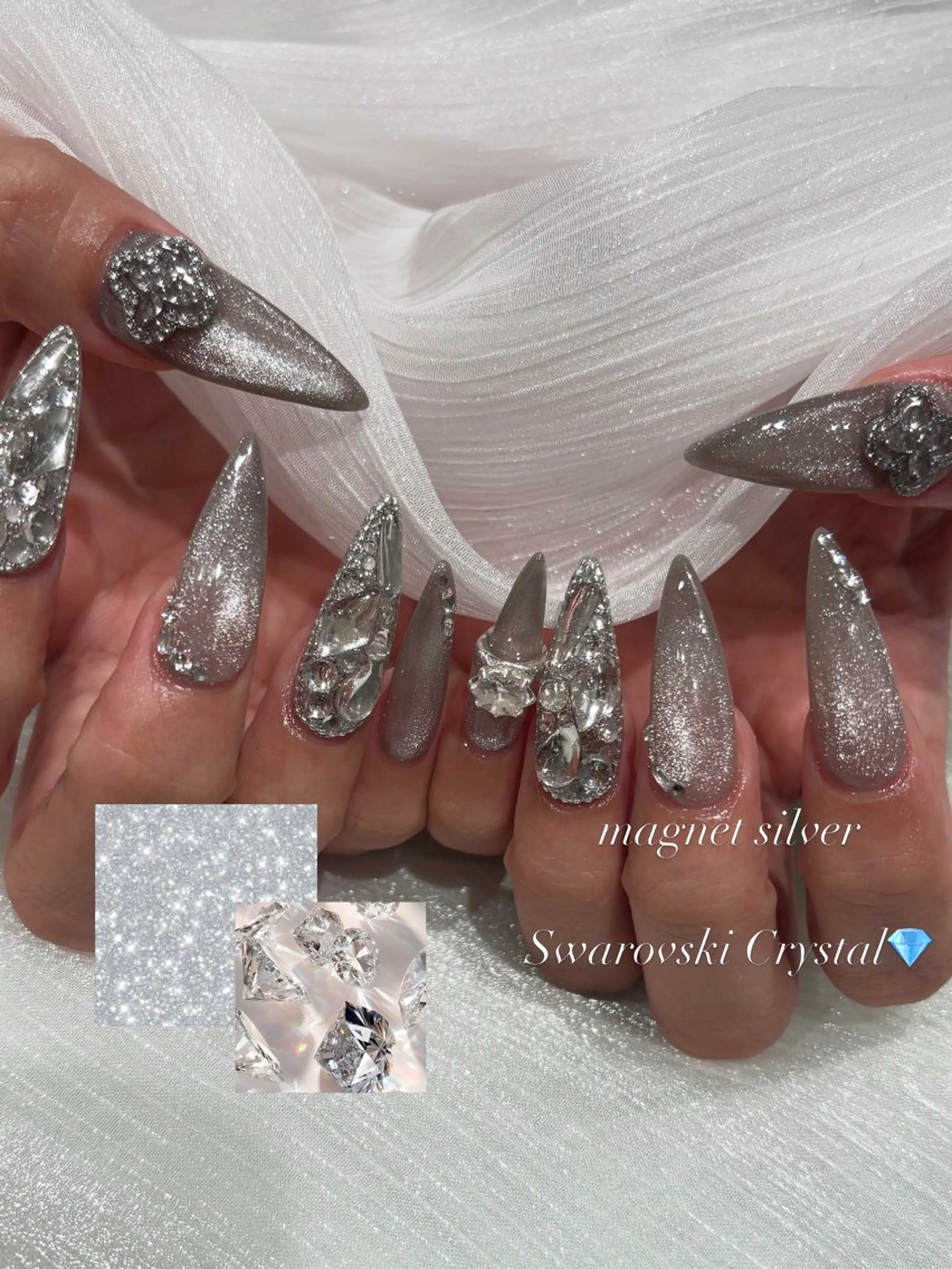 ネイル ラメ(グリッター) マグネットネイル シルバー ハンドネイル パラジェル有/ 長さだし/mahoのネイルデザイン
