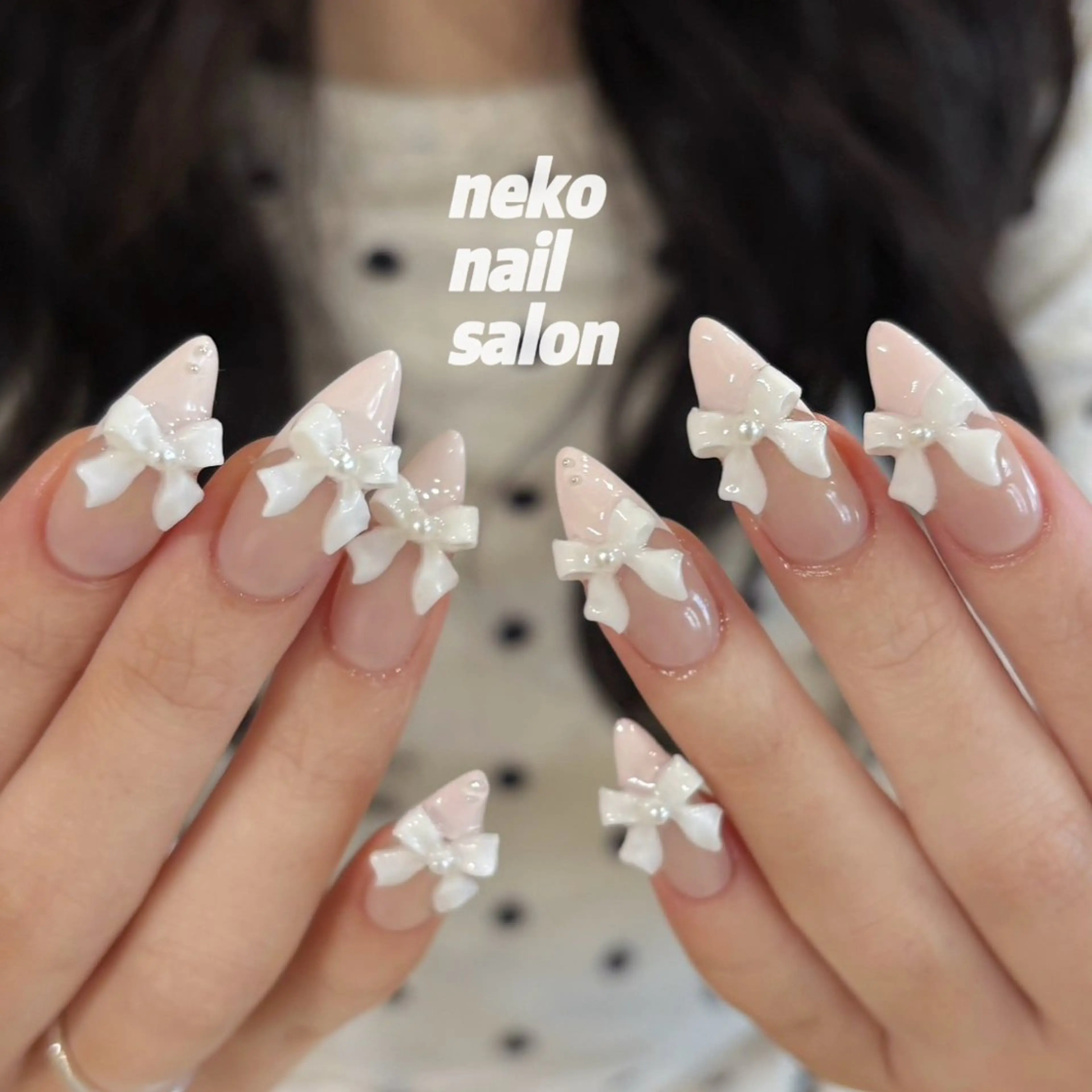 ネイル フレンチネイル ガーリー 韓国ネイル リボン ハンドネイル neko nailのネイルデザイン