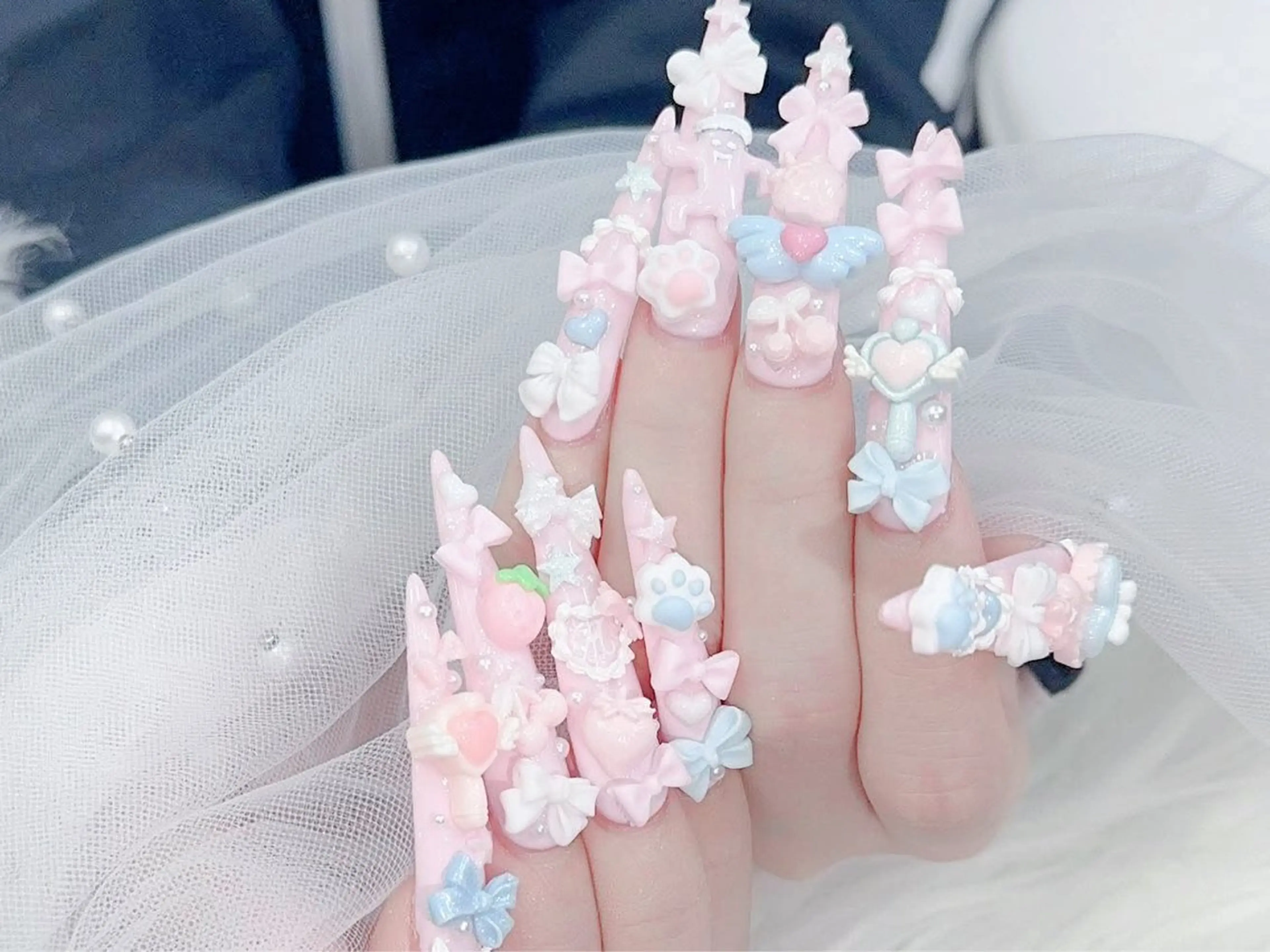 ネイル 成人式 大理石ネイル(マーブル) リボン 夏ネイル ネイルチップ ハンドネイル MoMoA Nail ネイル長さ出し専門店のネイルデザイン