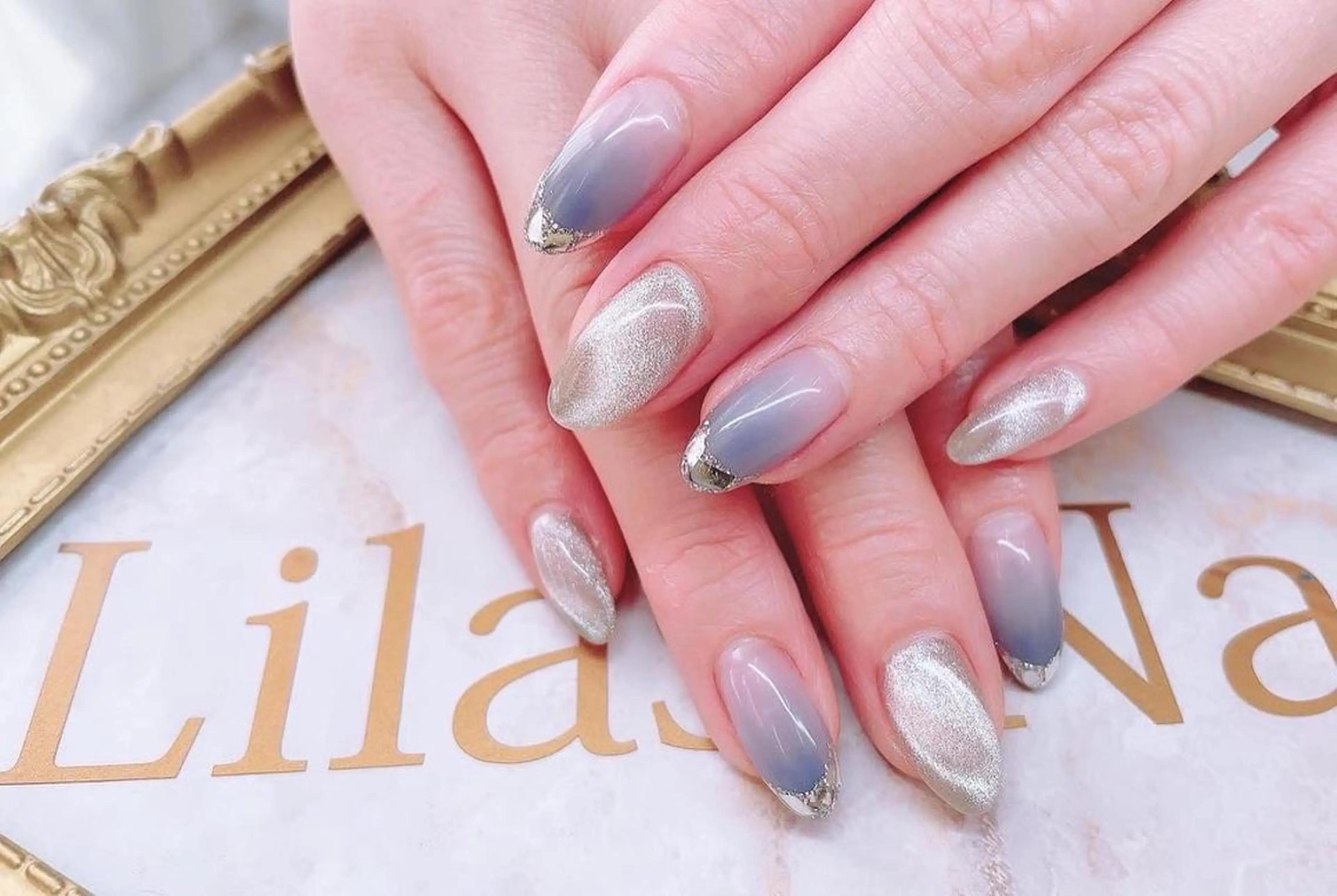 ネイル ブルー フレンチネイル ジェルネイル ガラスフレンチ ハードジェル Lilas Nailのネイルデザイン