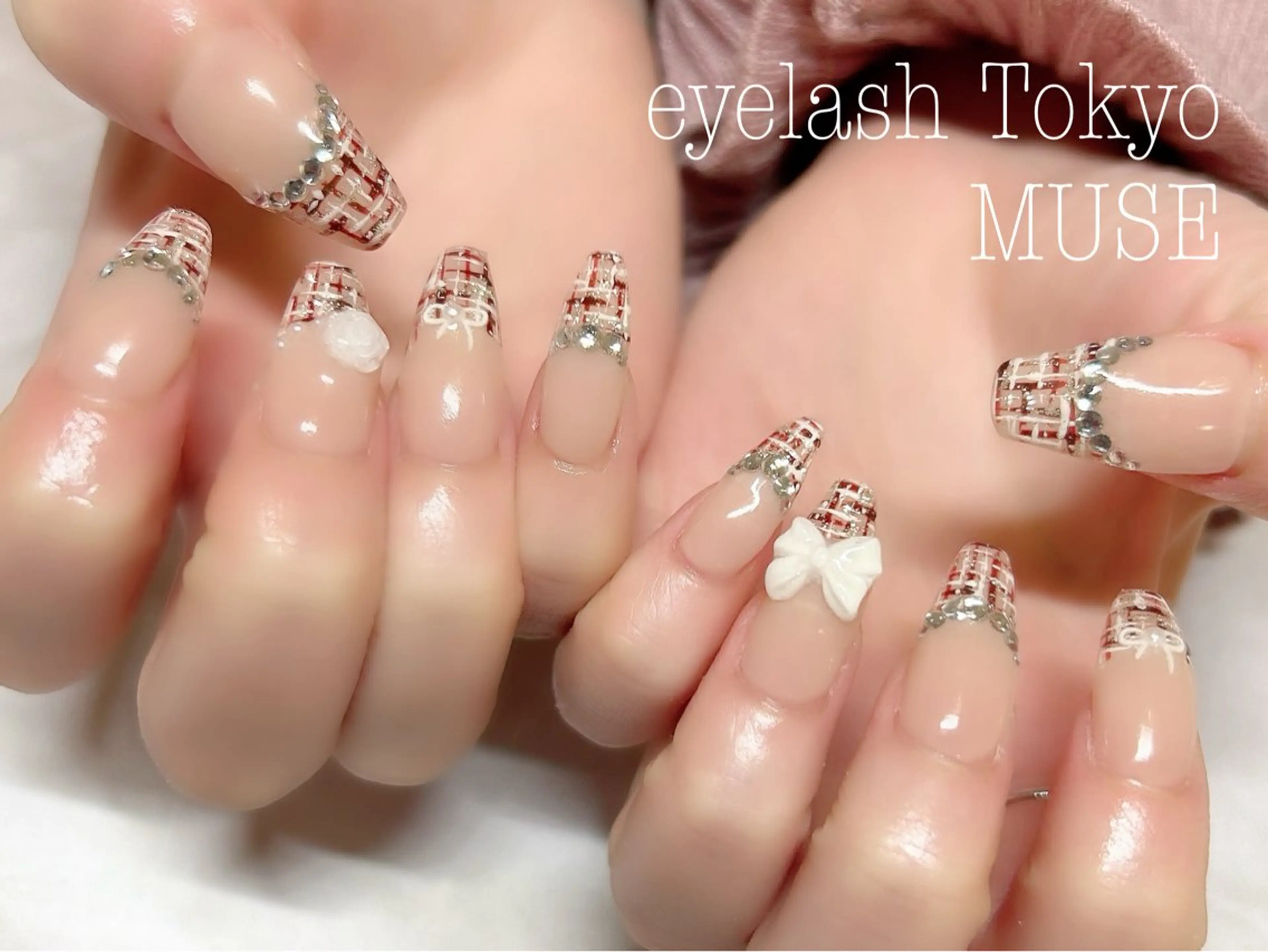 ネイル アートネイル フレンチネイル リボン ツイードネイル 冬ネイル tanaka ◡̈のネイルデザイン