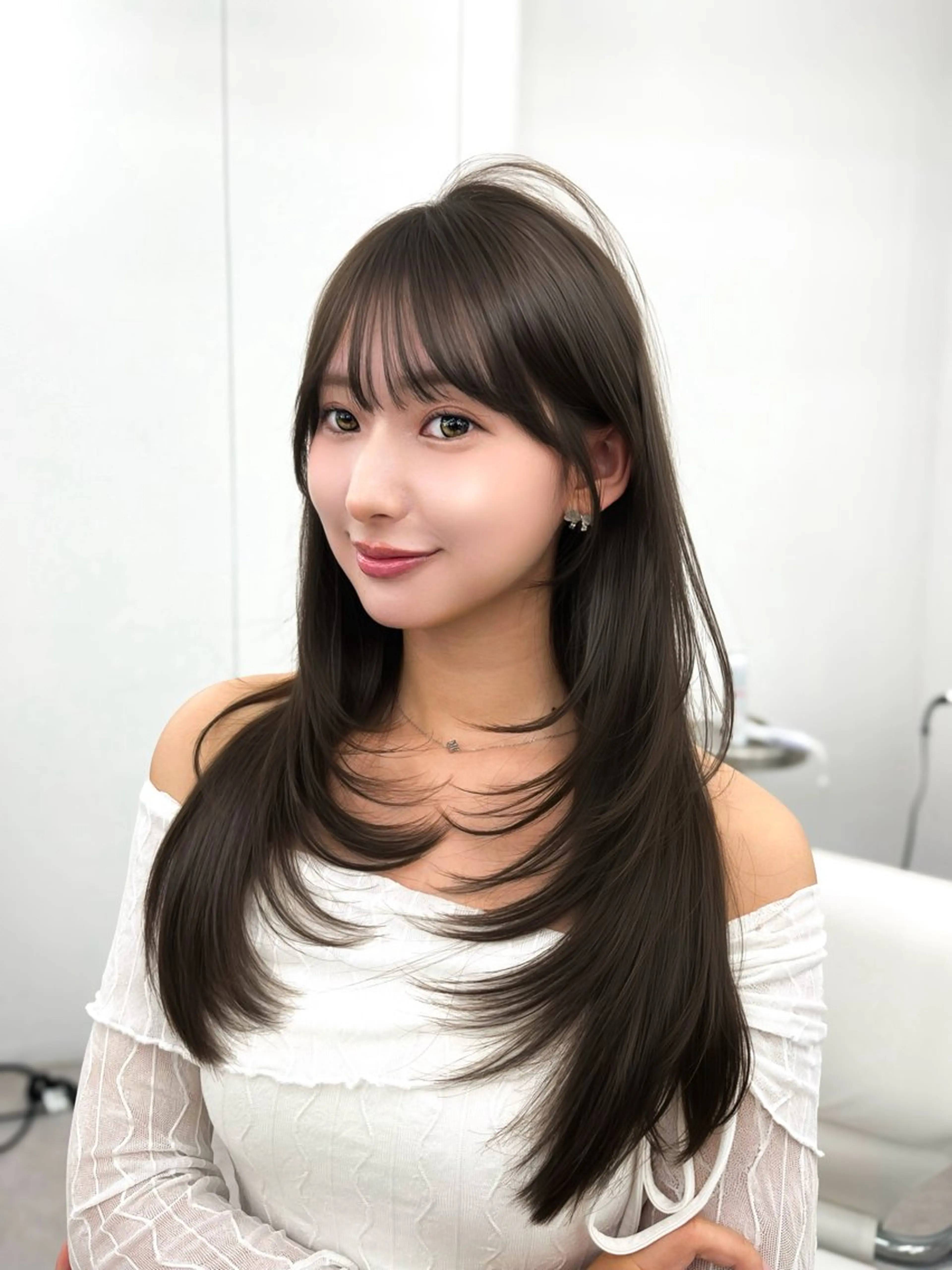 ロング カラー 顔まわりレイヤー ハイレイヤー 韓国風ヘア レイヤーカット ロング カット ヘアカラー トリートメント ヘアセット 透明感カラー✨🩵 韓国ヘアkanatoのヘアスタイル