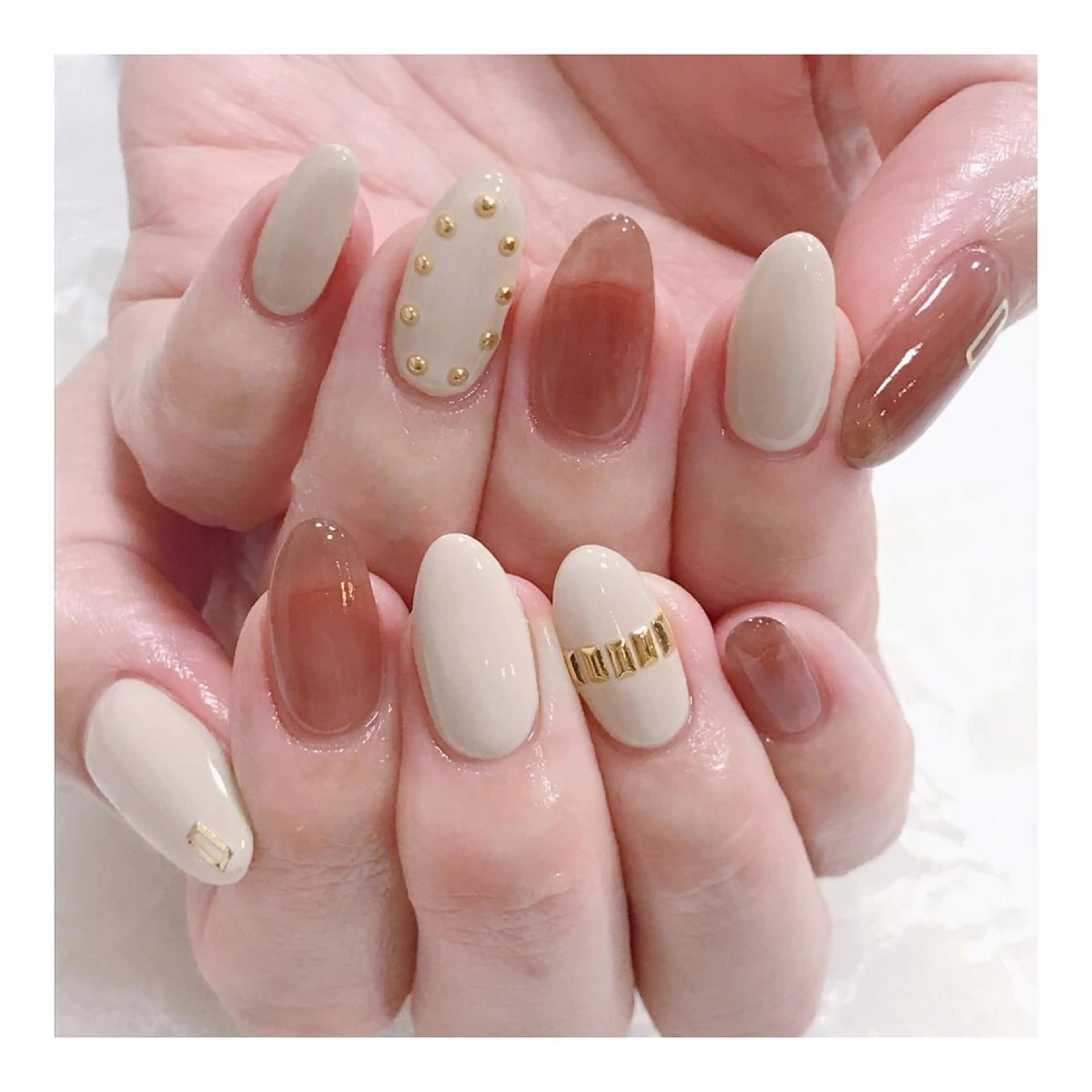 ネイル ブラウン クリアネイル シンプルネイル ストーンネイル 玉造、森ノ宮 fran2 nailのネイルデザイン