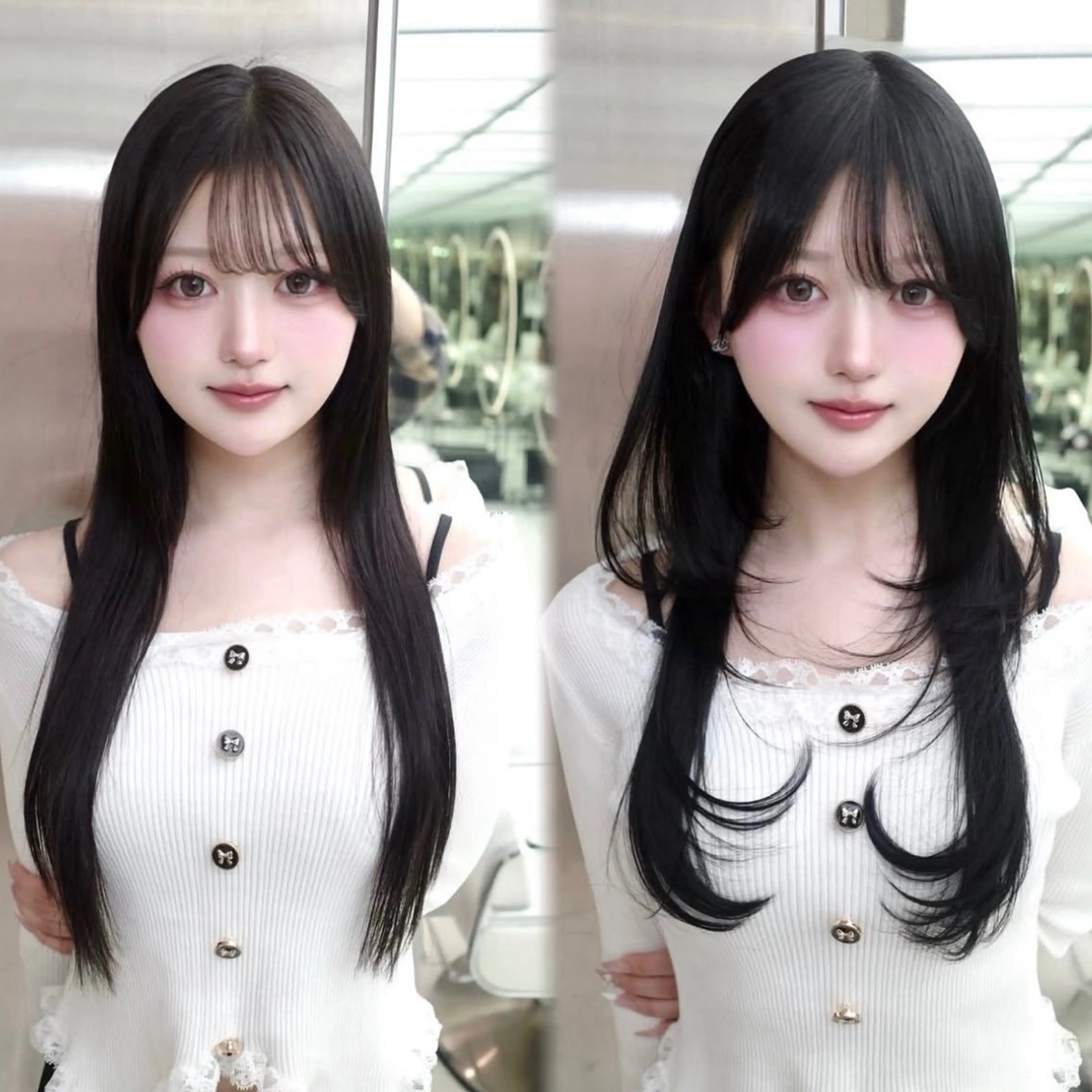 セミロング くびれヘア 顔周りカット ハイレイヤー 韓国風ヘア レイヤーカット カット トリートメント がわ/ハイレイヤー /ハイトーンカラーのヘアスタイル