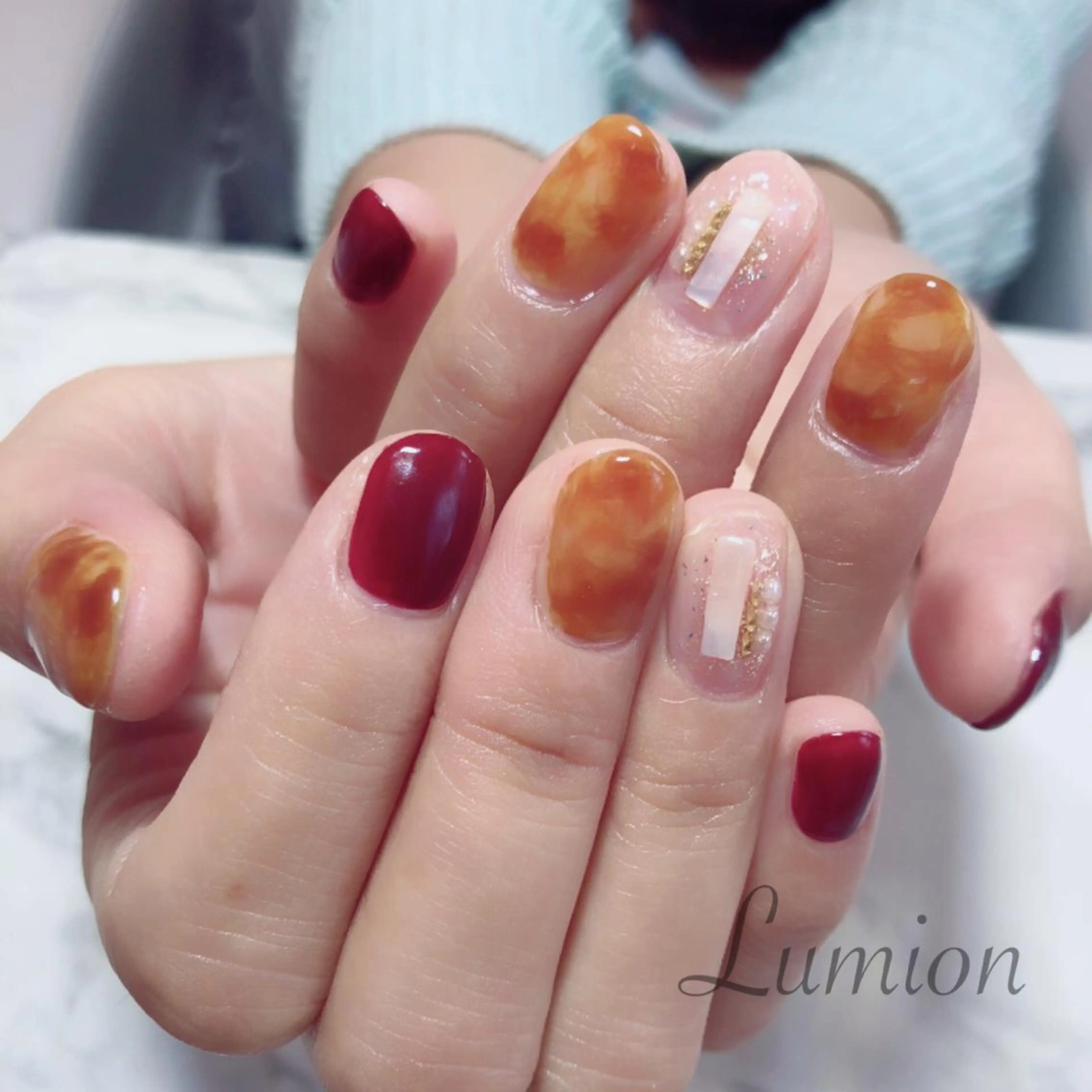 ネイル べっ甲ネイル ボルドー ハンドネイル nailroom Lumionのネイルデザイン