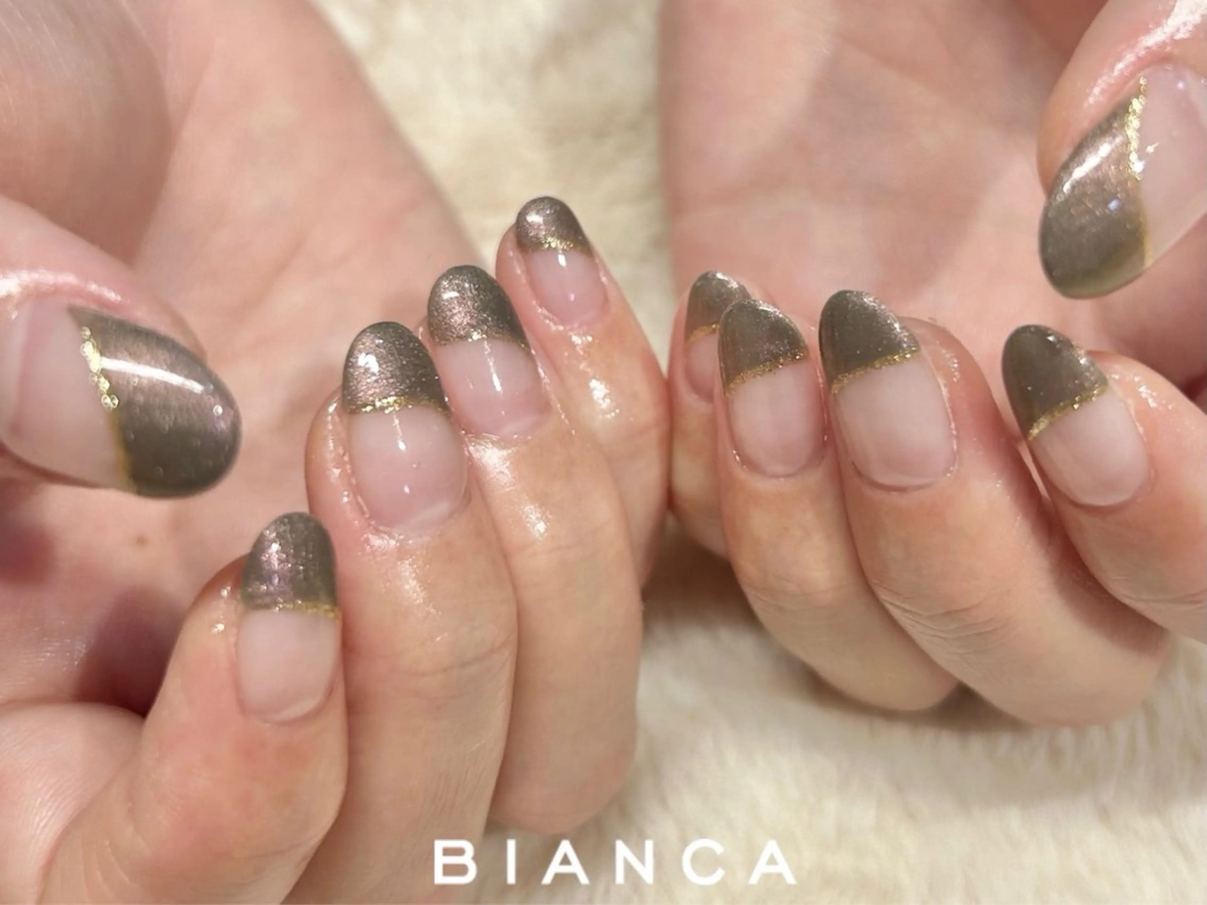 ネイル フレンチネイル ラメ(グリッター) 斜めフレンチ ハンドネイル Bianca栄店 みさとのネイルデザイン