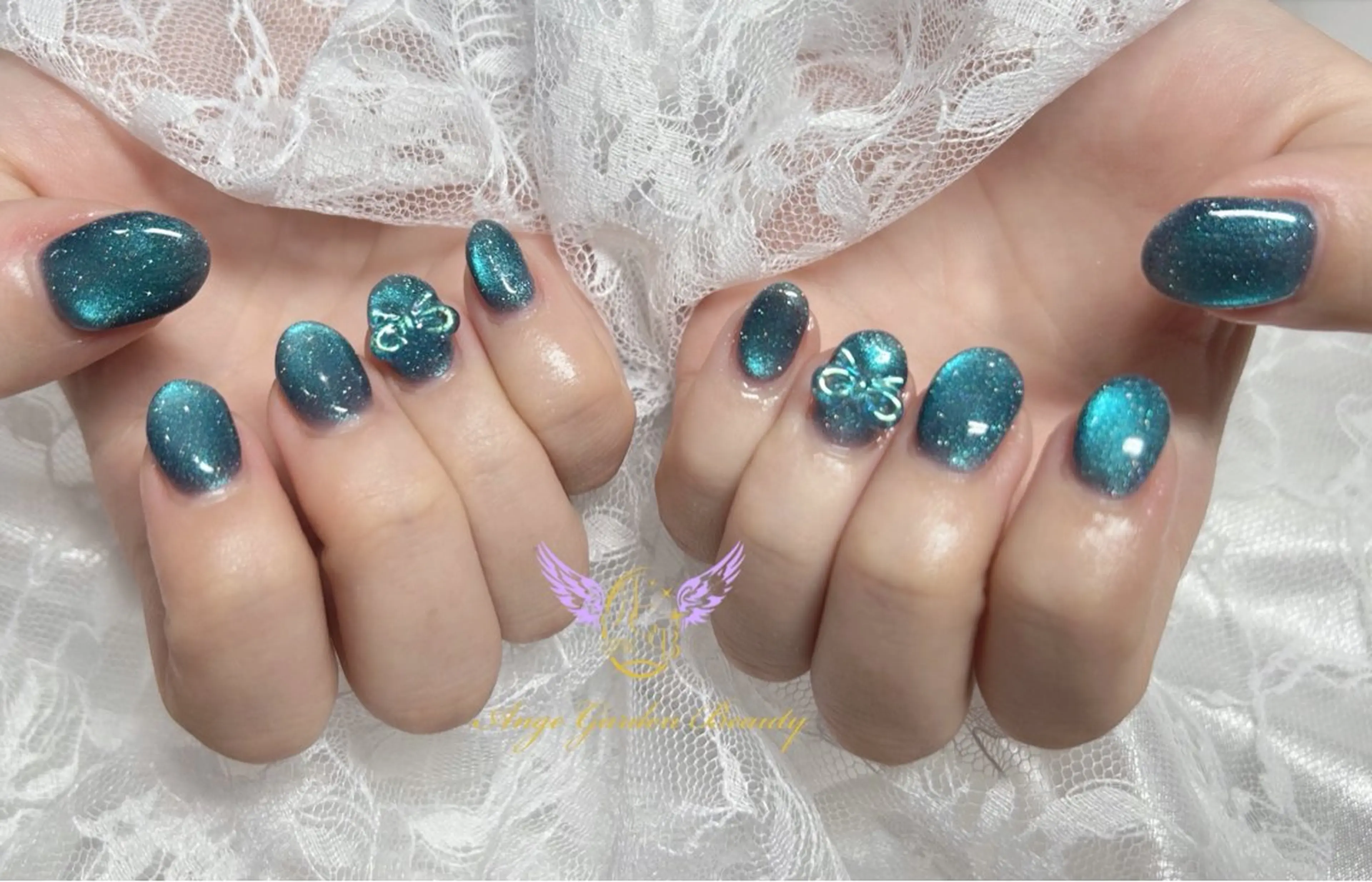 ネイル ブルー クリアネイル マグネットネイル リボン ハンドネイル AngeGarden Beautymihoのネイルデザイン