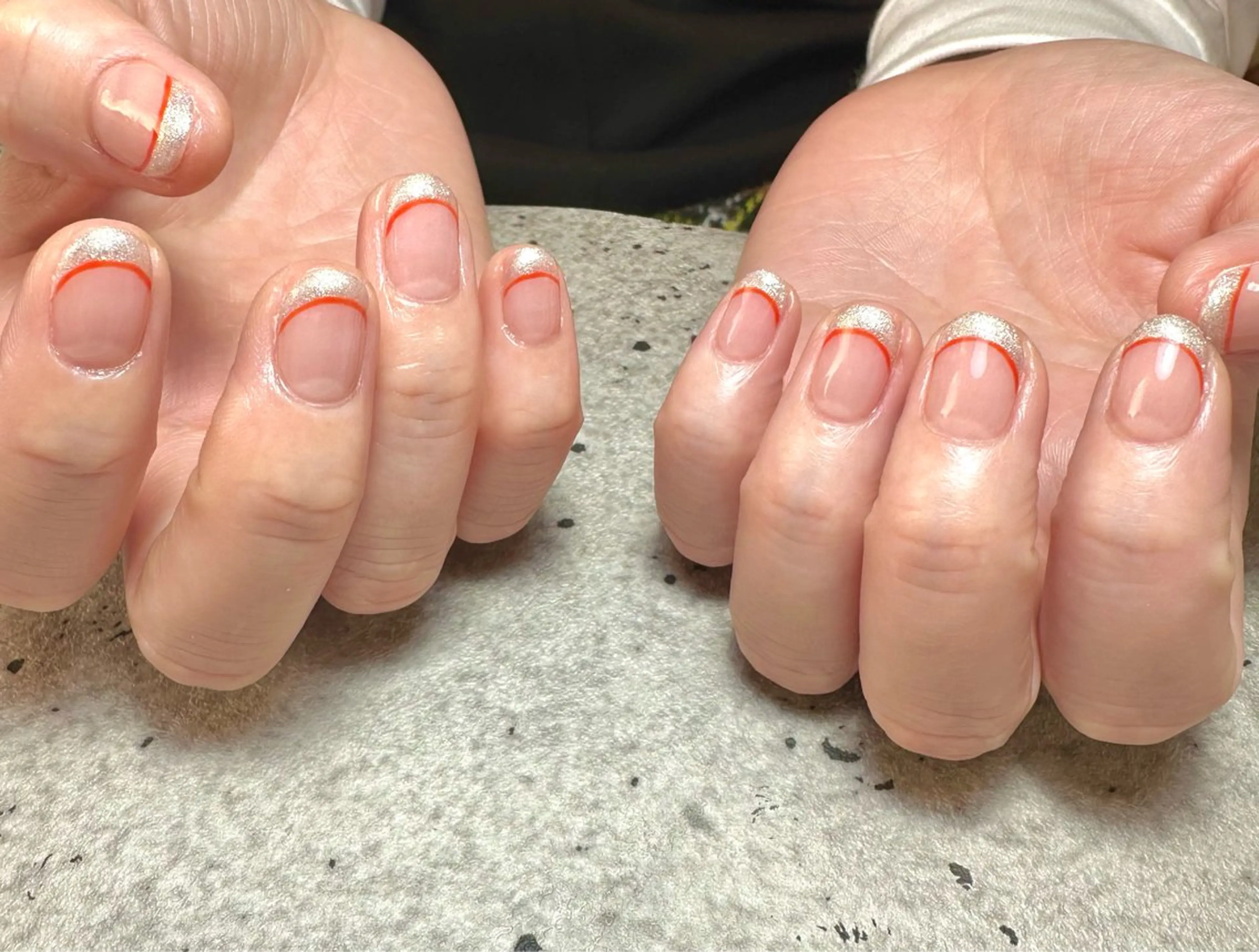 ネイル フレンチネイル ラメ(グリッター) オレンジ ハンドネイル GéRanium Harukaのネイルデザイン