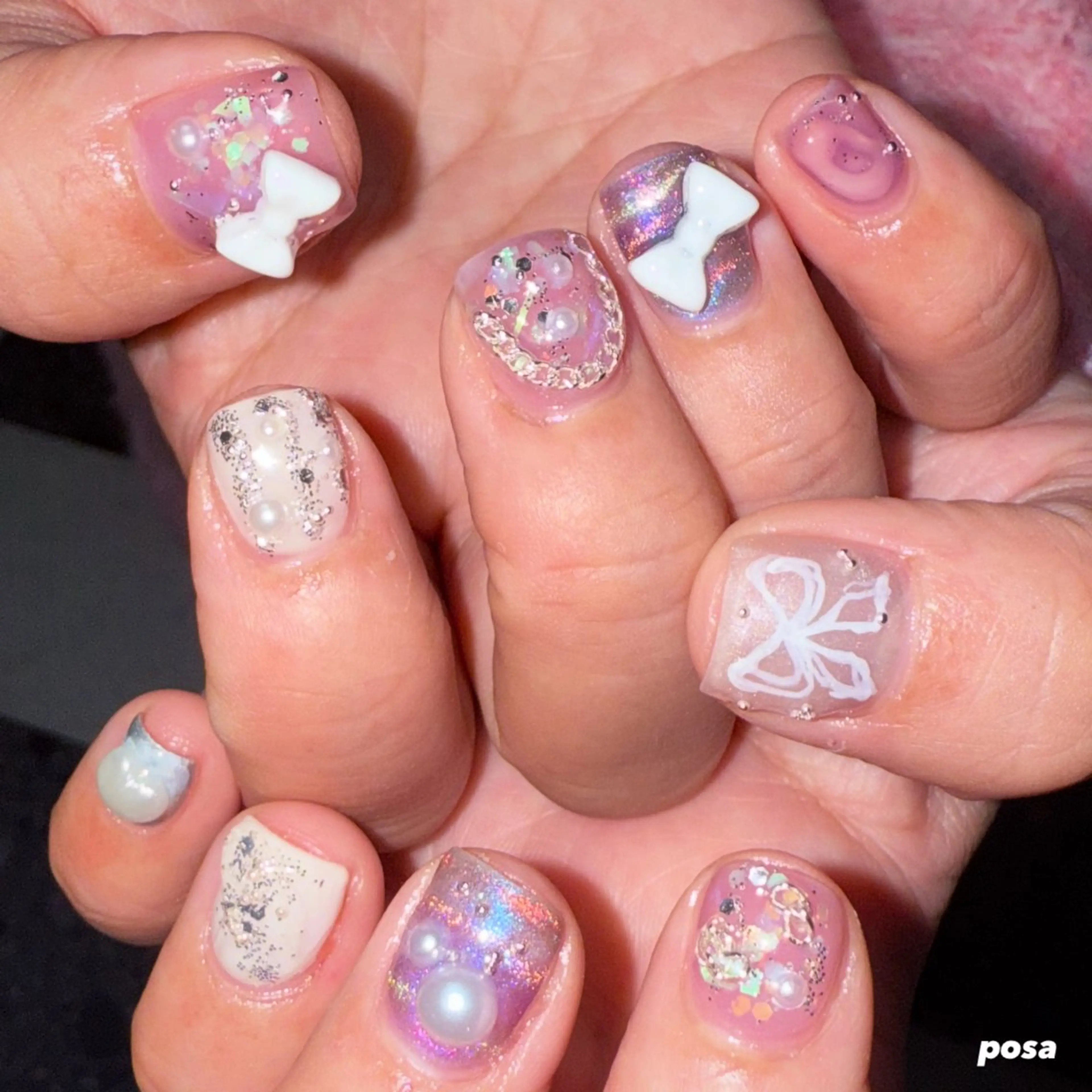 ネイル ボーダー マグネットネイル ピンク リボン シンプルネイル ハンドネイル posa nail モエミのネイルデザイン