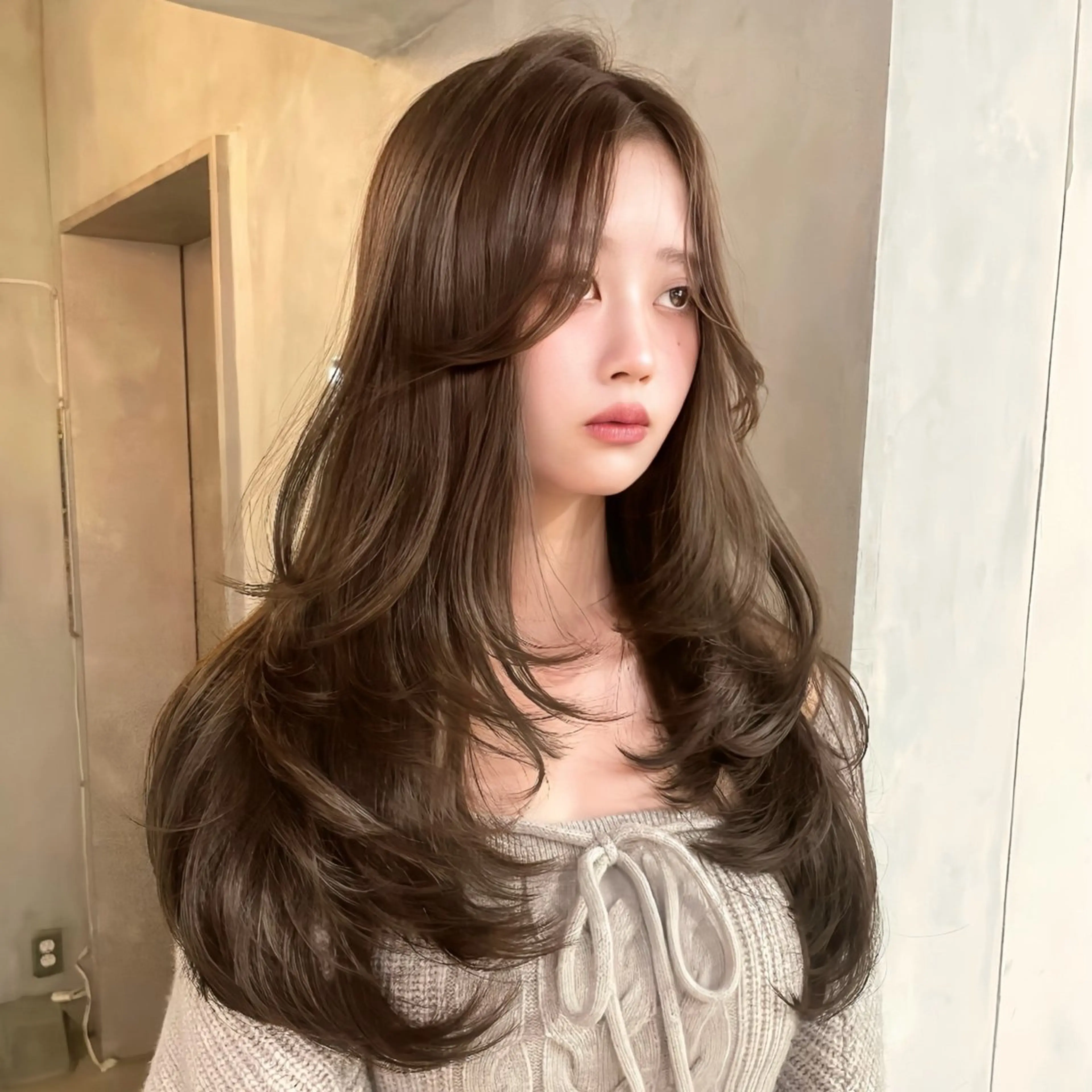 ロング カラー ベージュカラー ブリーチ ケアカラー ブリーチなしカラー レイヤーカット モテ韓国ヘア/ レイヤー🤍RIKAのヘアスタイル