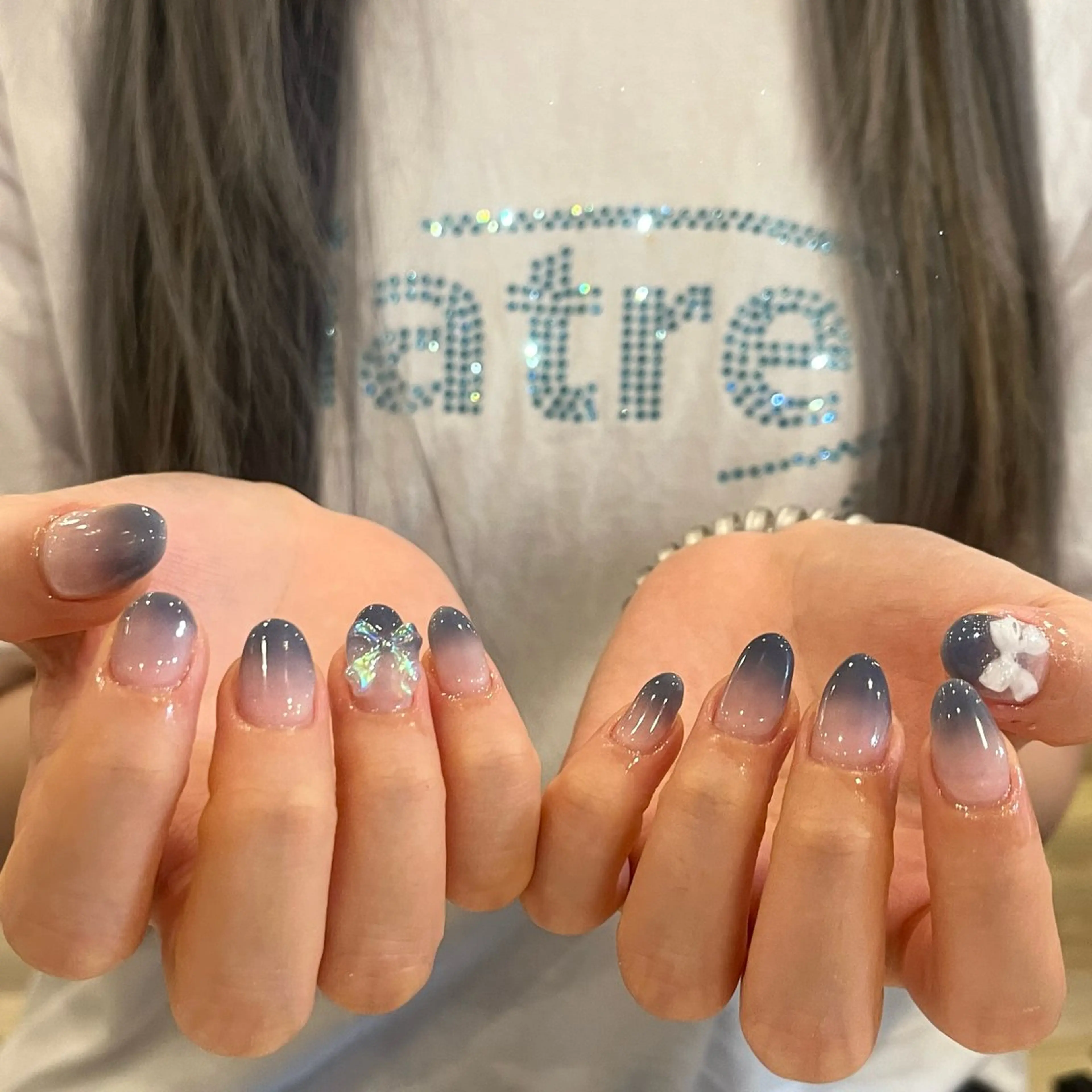 ネイル ブルー グラデーション リボン ♡Tajima Yumeka♡のネイルデザイン