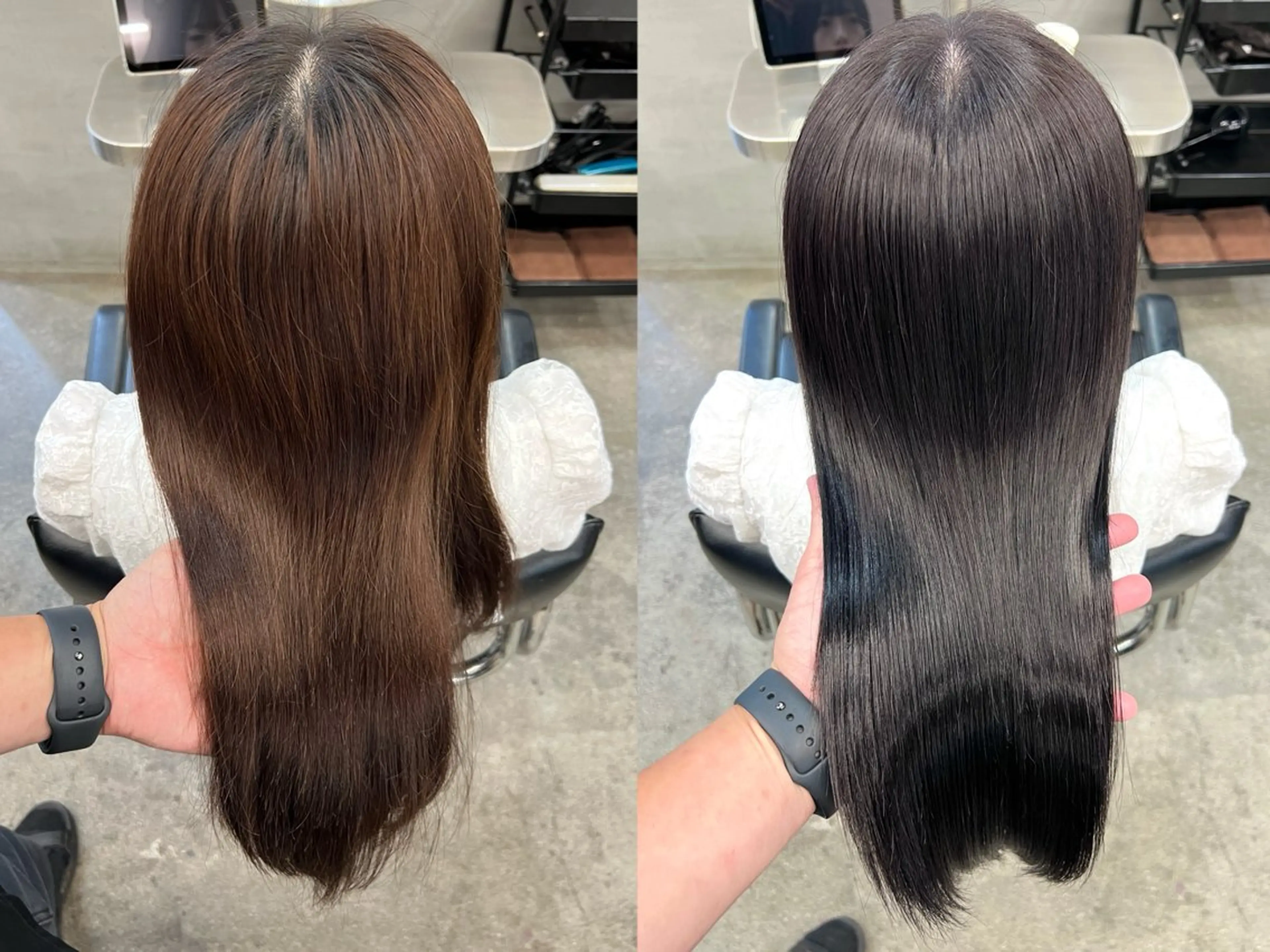 ロング カラー カット ヘアカラー トリートメント 前髪/顔まわりカット 艶髪/髪質改善/縮毛のヘアスタイル